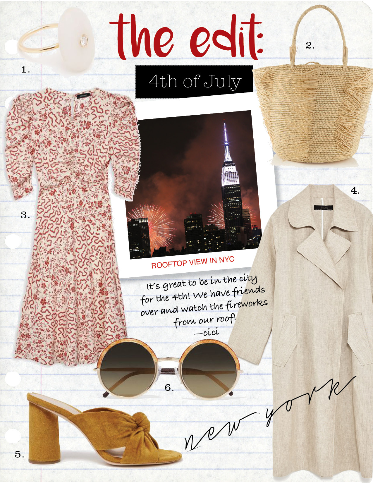 1. cvc stones galan ring, $2800, theline.com 2. sensi studio natural woven straw tote, $132, theoutnet.com 3. isabel marant gresham short sleeve swing dress in printed silk, $1045, isabelmarant.com 4. zara linen trench, $99, zara.com 5. loeffler randall coco heel in marigold, $395, needsupply.com 6. cutler and gross round-frame sunglasses, $650, net-a-porter.com