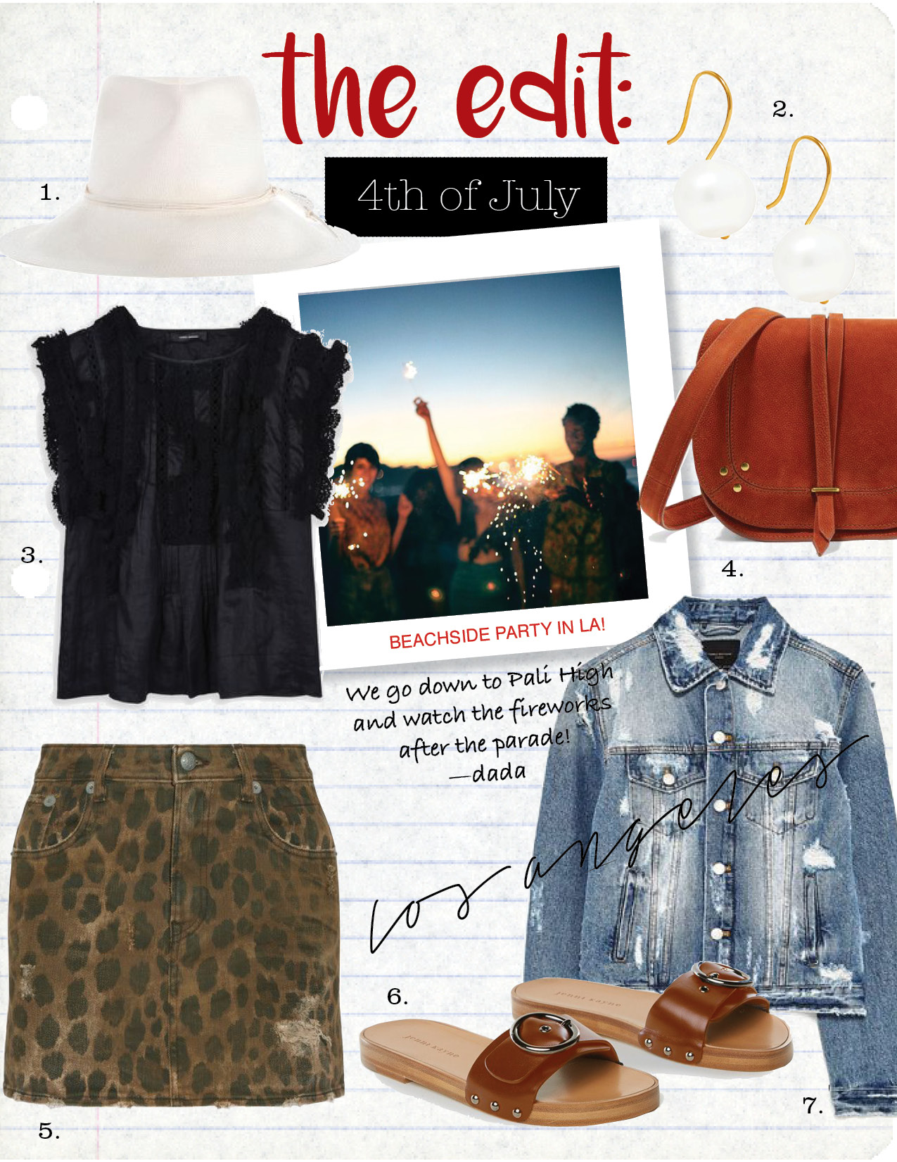 1. zimmermann fedora panama hat, $350, zimmermannwear.com 2. aurelie bidermann gold-plated freshwater pearl earrings, $165, net-a-porter.com 3. isabel marant nandy sleeveless top with lace inlay, $615, isabelmarant.com 4. jerome dryfuss victor nubuck shoulder bag, $630, net-a-porter.com 5. r13 distressed leopard-print denim mini skirt, $365, net-a-porter.com 6. jenni kayne buckle slide sandals, $325, jennikayne.com 7. zara denim jacket, $49, zara.com