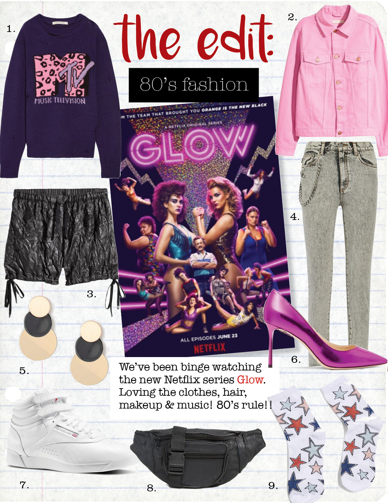 1. marc jacobs oversized distressed sweater, $269, net-a-porter.com 2. h&m denim jacket, $59, hm.com 3. h&m crinkled nylon shorts, $49, hm.com 4. marc jacobs embellished appliqued high-rise skinny jeans, $278, net-a-porter.com 5. topshop disc earrings, $22, topshop.com 6. jimmy choo romy mirrored-leather pumps, $338, net-a-porter.com 7. reebok women classic freestyle hi, $69, reebok.com 8. asos reclaimed vintage leather bumbag, $32, asos.com 9. topshop star print ankle socks, $6, topshop.com