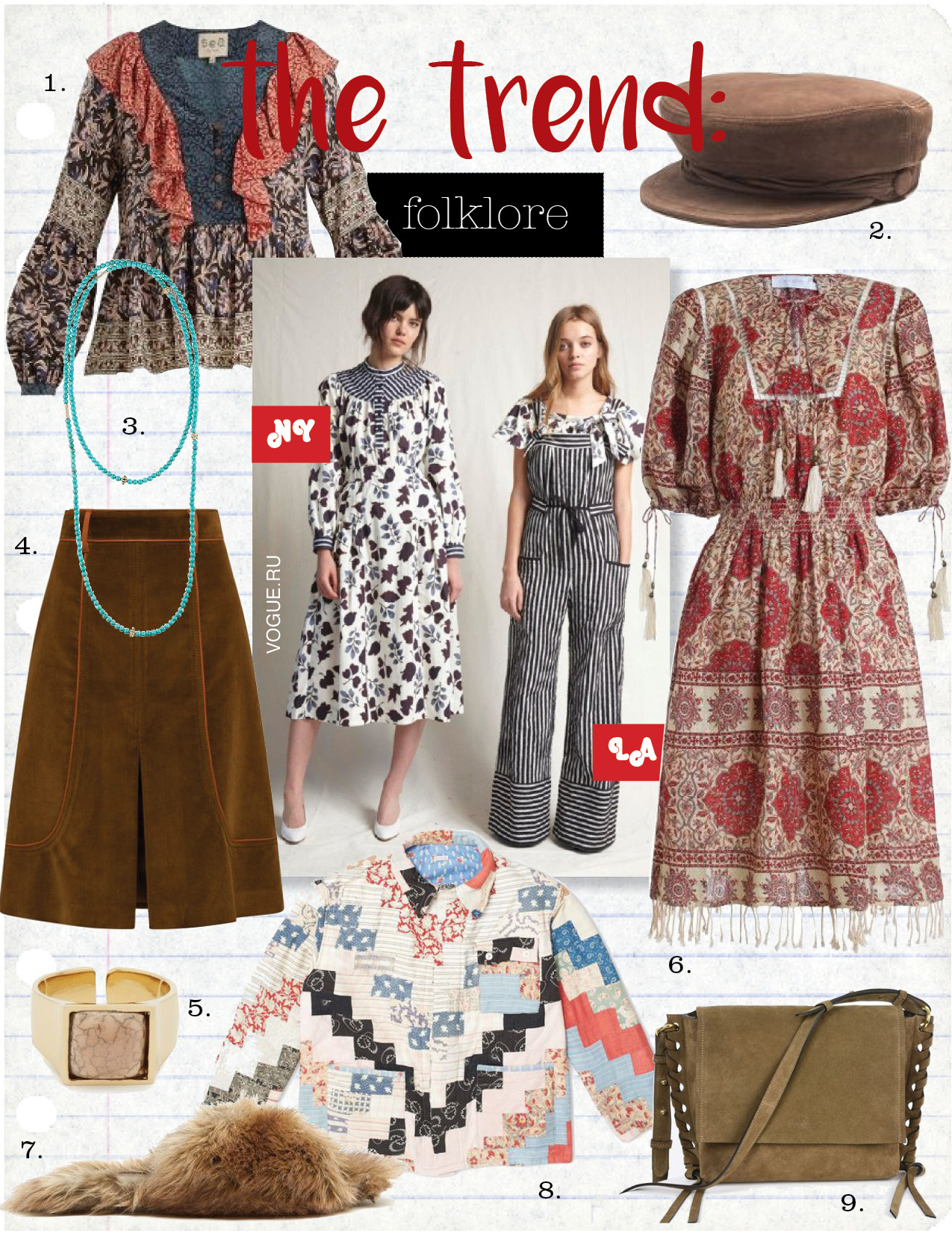 1. Sea maho border floral- print silk blouse, $437, matchesfashion.com 2. maison michel new abby suede cap, $415, matchesfashion.com 3. lagos 18k gold and turquoise single strand necklace, $600, macys.com 4. prada corduroy skirt, $1350, prada.com 5. isabel marant stone - embellished ring, $191, matchesfashion.com 6. zimmerman tulsi border day dress, $640, zimmermannwear.com 7. simone rocha faux - fur slides, $406, matchesfashion.com 8. bode farm quilted workwear jacket, $1454, bodenewyork.com 9. isabel marant asli suede calfskin shoulder bag, $590, isabelmarant.com