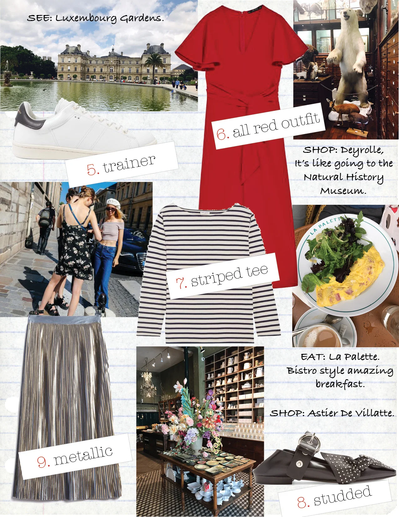 1. isabel marant kankara textured leather biker jacket, $1290, isabelmarant.com 2. little doe praia basket bag, $275, littledoeislove.com 3. maje faded cotton t-shirt with lettering, $125, maje.com 4. farrow versailles dress, $68, needsupply.com 5. isabel marant etoile bart leather sneakers, $370, net-a-porter.com 6. zara jumpsuit with bow, $49, zara.com 7. saint laurent striped cotton-jersey top, $330, net-a-porter.com 8. isabel marant pradly collapsible-heel point-toe leather flats, $415, matchesfashion.com 9. farrow merit skirt, $68, needsupply.com