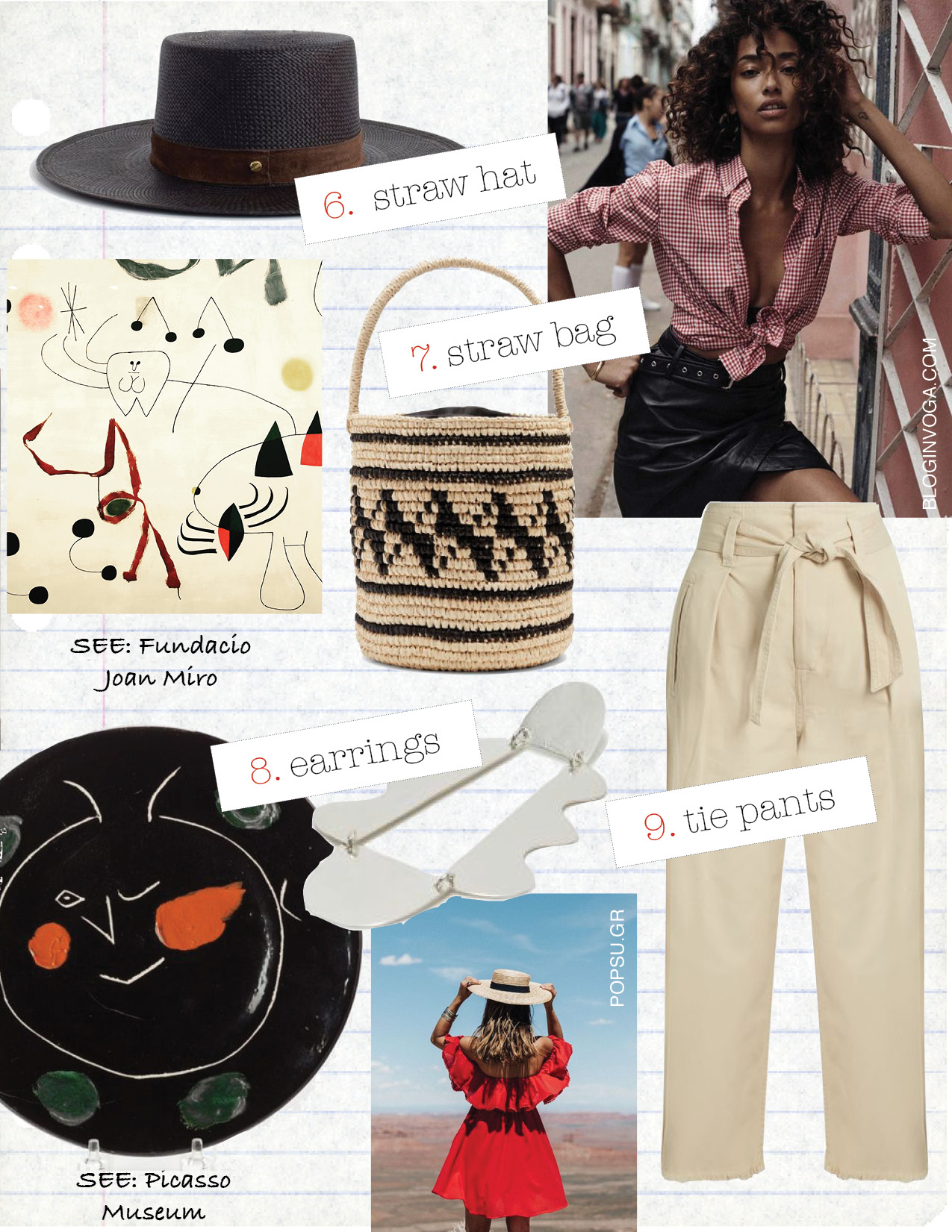 1. Crescioni union necklace, $285, needsupply.com 2. rhode resort ella belted cotton dress, $365, matchesfashion.com 3. iro ruffled leather wrap-effect mini skirt, $850, net-a-porter.com 4. castaner wedge espadrille in black canvas, $85, castaner.com 5. isabel marant nandy sleeveless lace-trimed woven top, $511, matchesfashion.com 6. janessa leone black lina straw hat, $300, janessaleone.com 7. sensi studio geometric-woven toquilla-straw basket bag, $245, matchesfashion.com 8. annie costello brown silver earrings, 275, needsupply.com 9. isabel marant odea wide-leg cotton tie-front trousers, $266, matchesfashion.com