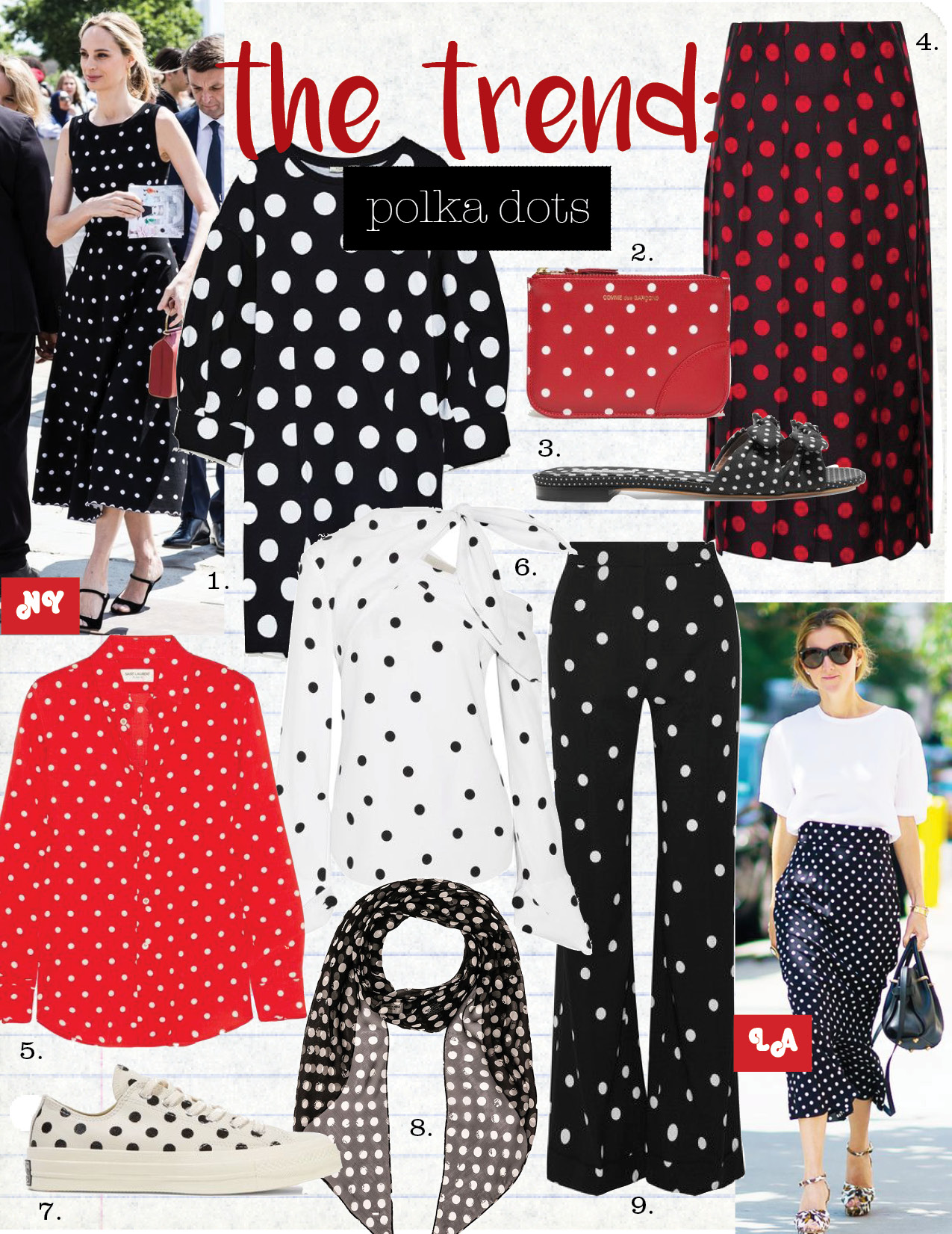 1. zara polka dot dress 19, zara.com 2. comme des garcons wallet, $158, needsupply.com 3. tabitha simmons polka-dot bow slides, $575, net-a-porter.com 4. gucci pleated polka-dot silk-satin twill midi skirt, $1900, net-a-porter.com 5. saint laurent polka-dot crepe de chine shirt, $594, net-a-porter.com 6. monse off-the-shoulder polka-dot silk-blend top, $1090, net-a-porter.com 7. converse chuck taylor all star embroidered leather sneakers, $36, net-a-porter.com 8. saint laurent silk polka dot scarf, $395, fwrd.com 9. monse polka dot silk-blend crepe wide-leg pants, $1390, net-a-porter.com