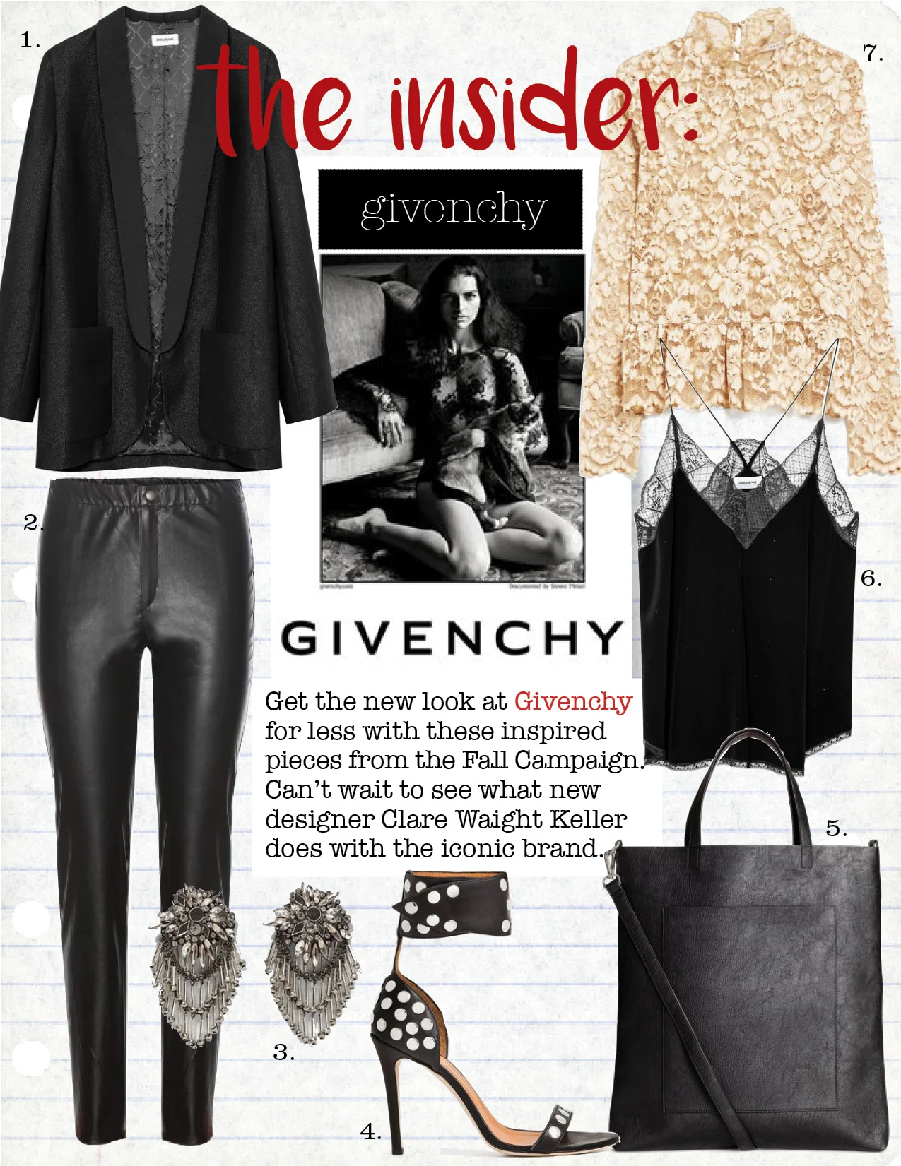 1. zadig & voltaire verdun bright jacket, $498, zadig-et-voltaire.com 2. isabel marant faux leather pants, $189, mytheresa.com 3. zara mirror and stone earrings, $12, zara.com 4. iro sandarok pumps, $635, iroparis.com 5. h&m black shopper, $24, hm.com 6. zadig & voltaire christy deluxe camisole, $198, zadig-et-voltaire.com 7. ganni flynn lace top, $46, needsupply.com