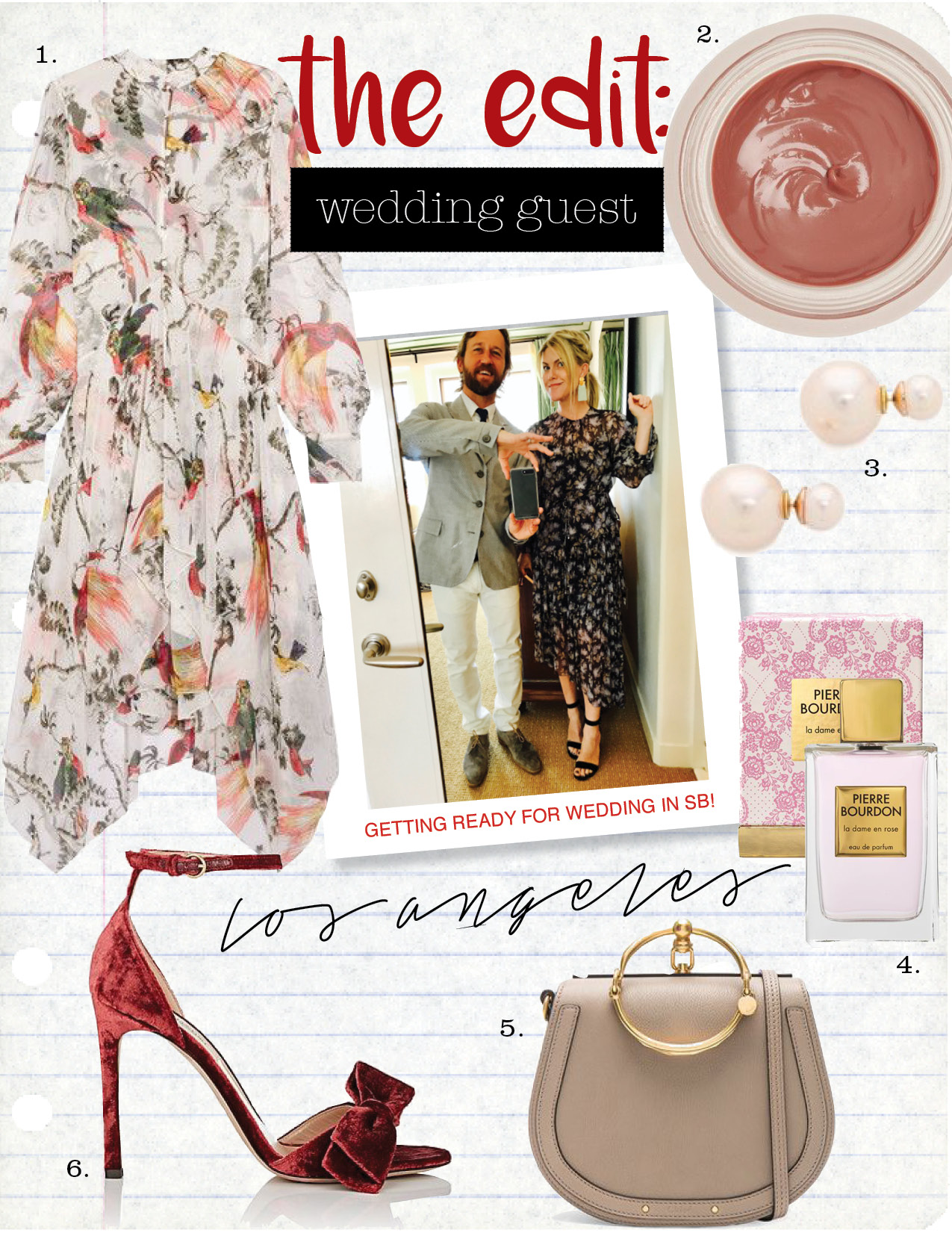 1. erdem kaylah asymmetric printed silk-georgette dress, $2195, net-a-porter.com 2. by terry baume de rose nutri-couleur-toffee cream, $56, net-a-porter.com 3. shashi double earrings, $36, shopbop.com 4. pierre bourdon la dame en rose, pierrebourdon.com 5. chloe medium nile suede & calfskin bracelet bag, $1690, fwrd.com 6. valentino bow-embellished velvet ankle-strap sandals, $795, barneys.com