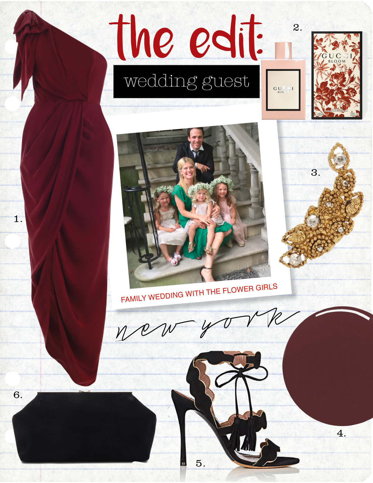 1. zimmermann bow bodice long dress, $630, zimmermannwear.com 2. gucci bloom 50ml eau de parfum, $92, gucci.com 3. oscar de la renta crystal clip earrings, $290, net-a-porter.com 4. tom ford nail polish - bitter, $36, net-a-porter.com 5. tabitha simmons cirrius suede ankle-tie sandals, $795, barneys.com 6. mansur gavriel suede volume clutch, $695, fwrd.com