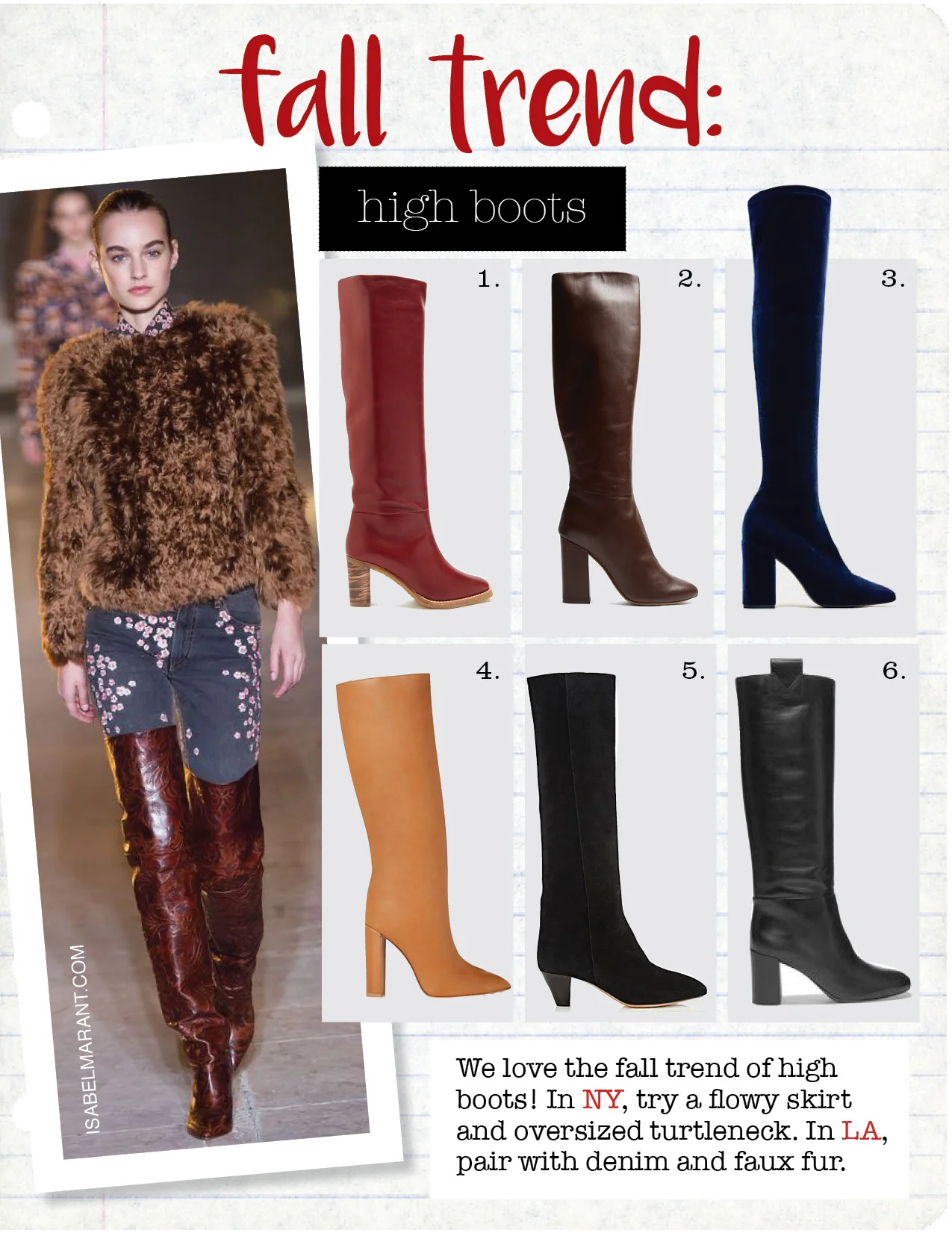 1. gabriela hearst marlene leather knee-high boots, $1154, matchesfashion.com 2. tabitha simmons sophie knee-high leather boots, $961, Matchesfashion.com 3. zara velvet over th eknee high heel boots, $69, zara.com 4. gianvito rossi leather knee boots, $1625, barneys.com 5. isabel marant robby knee boots, $640, barneys.com 6. mercedes castillo emmett leather knee boots, $850, net-a-porter.com