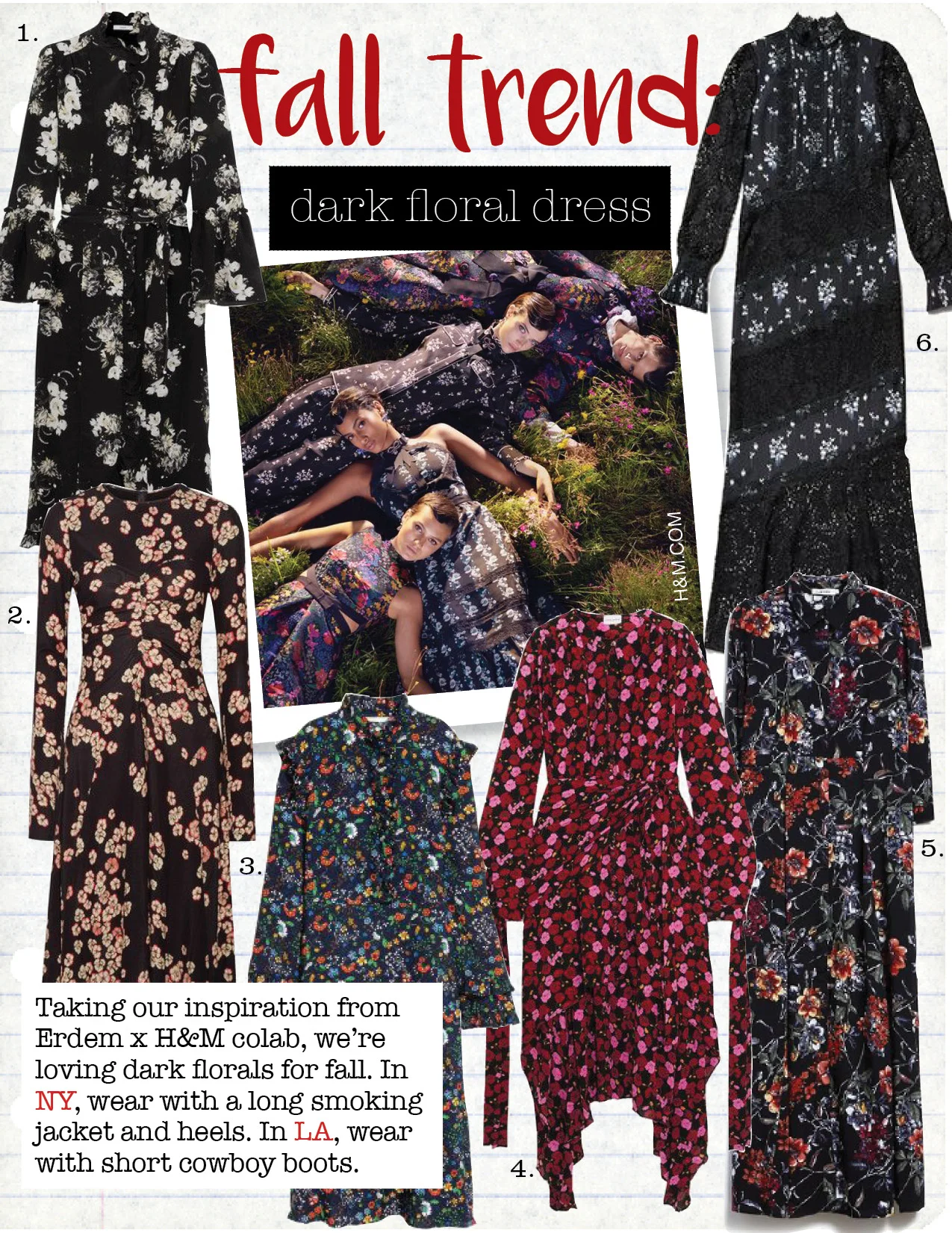 1. erdem floral silk ruffle dress, $1880, nordstrom.com 2. isabel marant diana asymmetric floral-print dress, $1045, net-a-porter.com 3. h&m ruffle-trimmed dress, $59, hm.com 4. magda butrym gela asymmetric printed midi dress, $1820, net-a-porter.com 5. farrow helena dress, $88, needsupply.com 6. erdem X h&m dress with lace, $299, hm.com