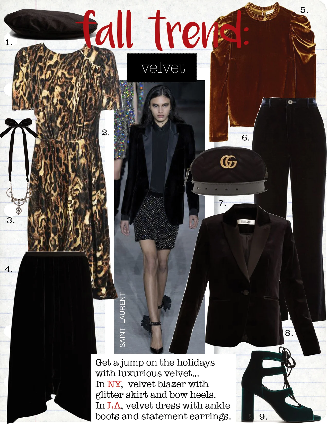 1. zara velvet beret, $19, zara.com 2. isabel marant ulia leopard print velvet midi dress, $1045, isabelmarant.com 3. miu miu faux-pearl and crystal- embellished necklace, $1062, matchesfashion.com 4. isabel marant tursanne asymmetric velvet skirt, $600, isabelmarant .com 5. ulla johnson giles ruffled velvet blouse, $380, net-a-porter.com 6. m.i.h. jeans welbeck high-rise wide-leg velvet trousers, $316, matchesfashion.com 7. gucci gg marmont quilted-velvet belt bag, $922, matchesfashion.com 8. diane von furstenberg single-breasted velvet blazer, $534, matchesfashion.com 9. saint laurent loulou lace-up velvet sandals, $856, matchesfashion.com