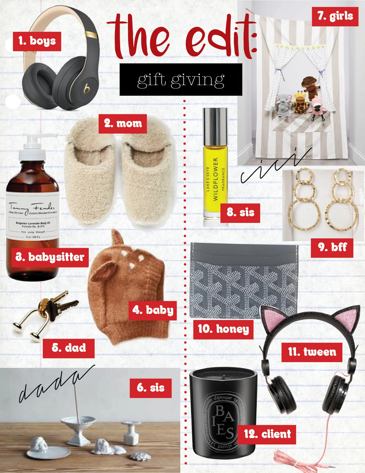 1. Beats studio 3 wireless headphones, $350, apple.com 2. jenni kayne shearling moroccan slippers, $250, jennikayne.com 3. tammy fender bulgarian lavender body oil, $65, goop.com 4. animal bambi hat, $56, oeuf.com 5. carl aubock u key ring, $125, theline.com 6. astier de villatte incense holders, $55-$110, nickeykehoe.com 7. kids wood stand for puppet shows and more, $116, landofnod.com 8. lake and skye wildflower fragrance, $48, lakeandskye.com 9. isabel marant africa earrings, $180, isabelmarant.com 10. goyard grey classic saint sulpice card holder wallet, $580, tradesy.com 11. hm on ear headphones, $14, hm.com 12. diptyque paris baies noire berries candle, $90, diptyqueparis.com