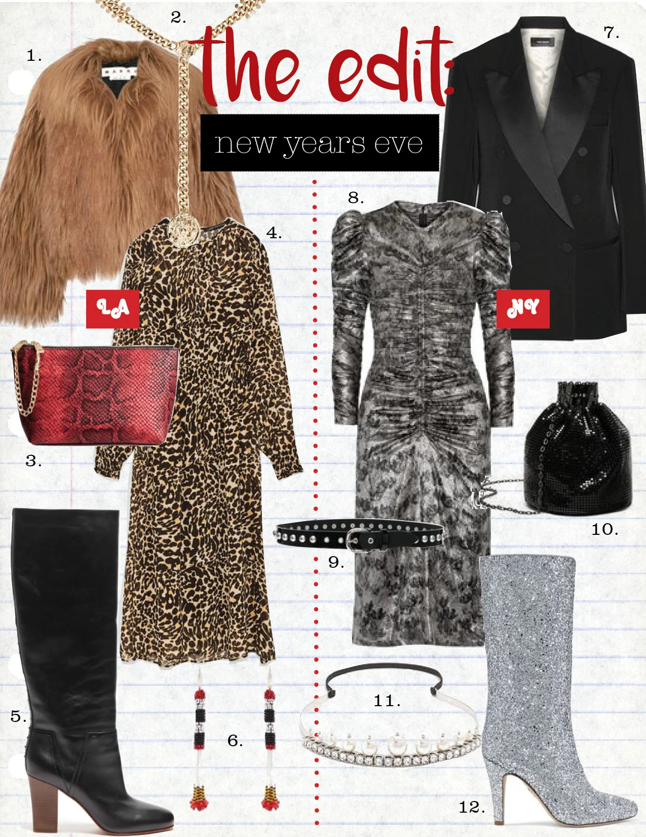 1. marni oversized goat hair coat, $5826, net-a-porter.com 2. maison mayle signet necklace, $239, barneys.com 3. h&m red faux snake bag, $14, hm.com 4. zara animal print dress, $89, zara.com 5. valentino lovestud rockstud leather boots, $698, matchesfashion.com 6. isabel marant bead tassel-drop earrings, $235, matchesfashion.com 7. isabel marant oversized satin-trimmed wool blazer, $597, net-a-porter.com 8. isabel marant damia ruched printed silk-blend lame midi dress, $597, net-a-porter.com 9. isabel marant zoa embellished belt, $207 , fwrd.com 10. zara metallic mesh mini bucket bag, $29, zara.com 11. miu miu faux-pearl and swarovski crystal headband, $595, matchesfashion.com 12. brother vellies elevator glittered leather boots, $675, net-a-porter.com