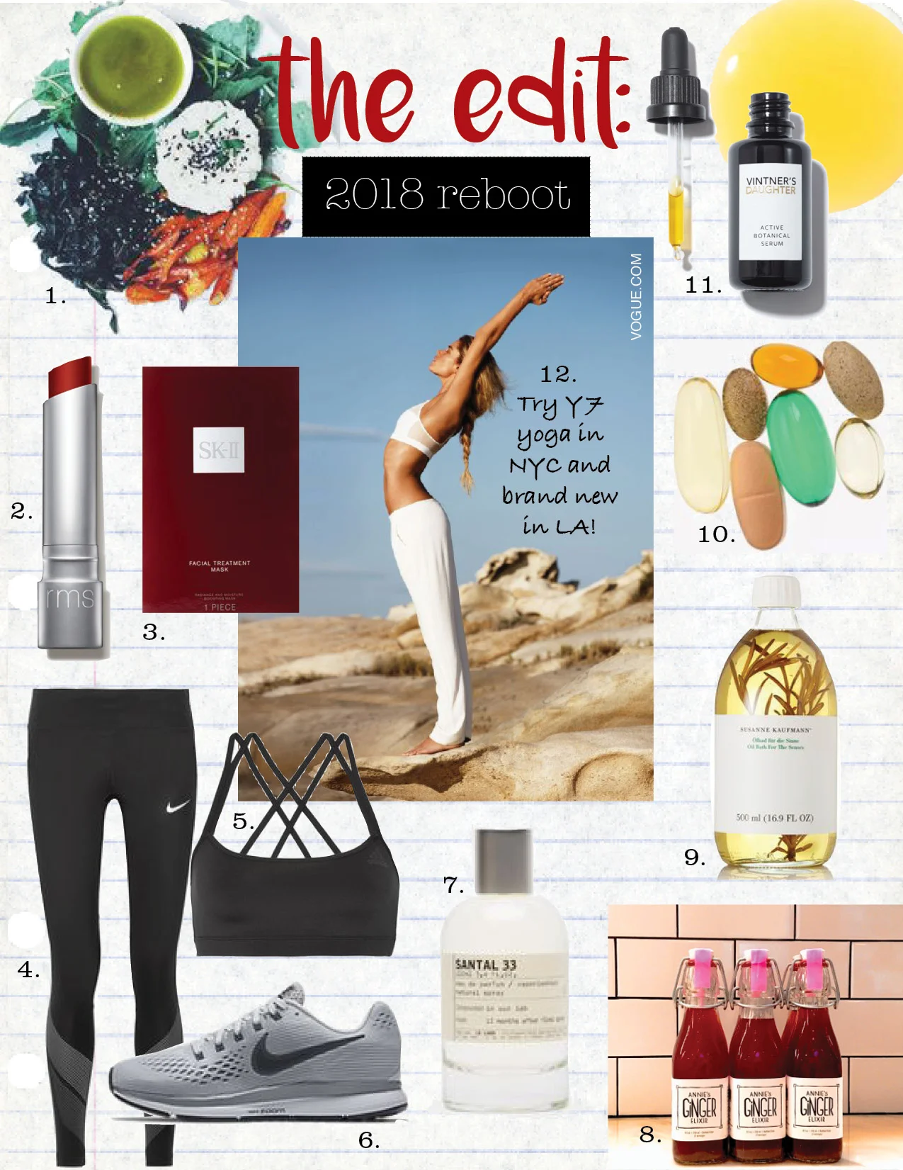 1. sakara food delivery service, sakara.com 2. rms beauty wild with desire lipstick, $28, dermstore.com 3. sk-II facial treatment mask, $17, net-a-porter.com 4. nike power flash printed dri-fit leggings, $65, net-a-porter.com 5. adidas performance climate stretch sports bra, $35, net-a-porter.com 6. nike air zoom pegasus 34 running shoe, $110, nike.com 7. le labo perfume-santal 33, 3.4 fl oz, $265, theline.com 8. annie's ginger elixir, $66 for 6 pack, anniesgingerelixir.com 9. susanne kaufman essential bath oil, $106, net-a-porter.com 10. best supplements for women, womenshealthmag.com 11. vinter's daughter active botanical serum, $185, violetgrey.com 12. y7 yoga studio, y7-studio.com