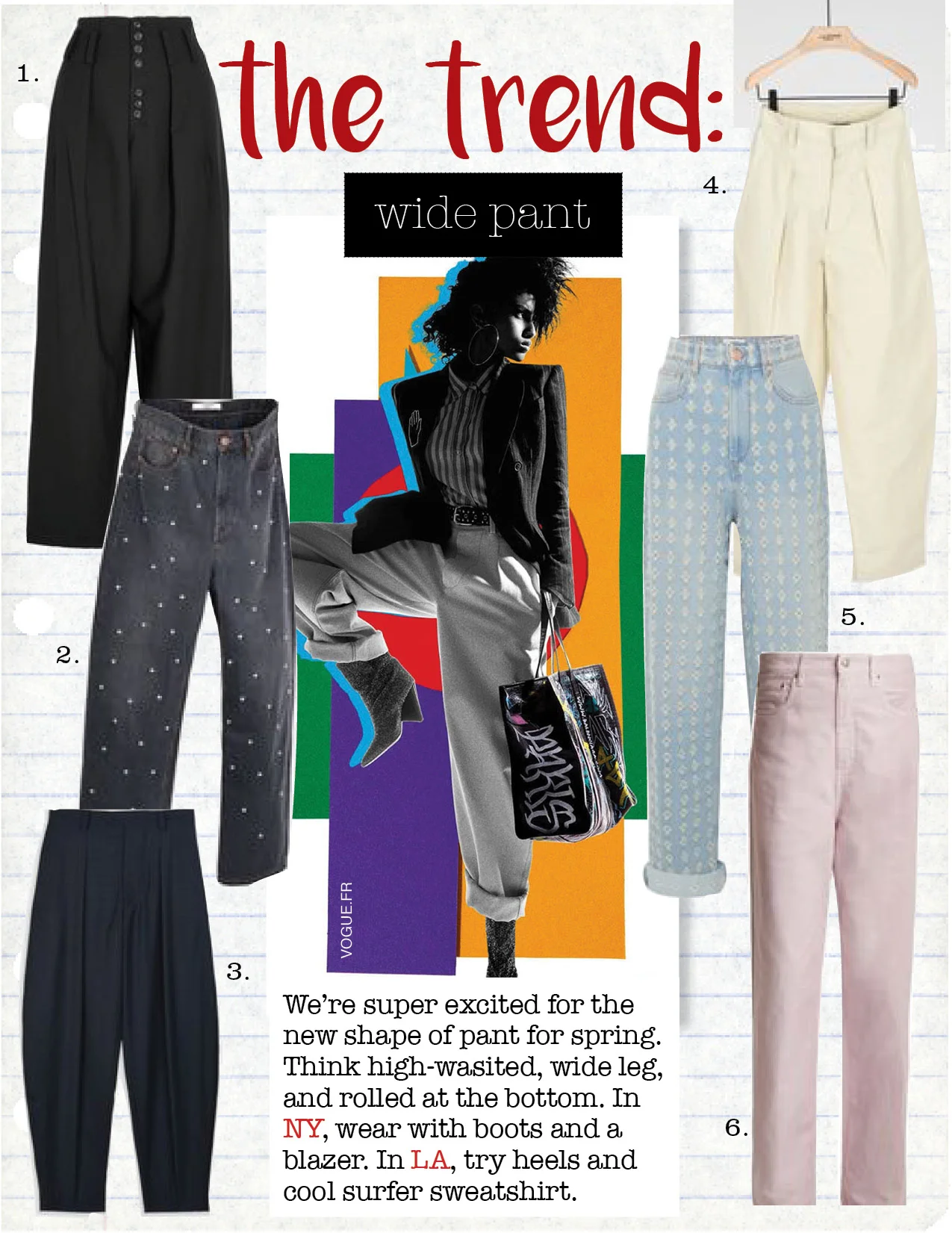 1. joseph howard stretch-gabardine wide-leg pants, $298, net-a-porter.com 2. isabel marant etoile curt studded oversize boyfriend fit jeans, $194, isabelmarant.com 3. isabel marant mexi oversize new wool trousers, $334, isabelmarant.com 4. isabel marant hexi wide leg pants, $550, isabelmarant.com 5. isabel marant etoile cory distressed boyfriend jeans, $395, net-a-porter.com 6. isabel marant etoile forby straight-leg jeans, $290, matchesfashion.com