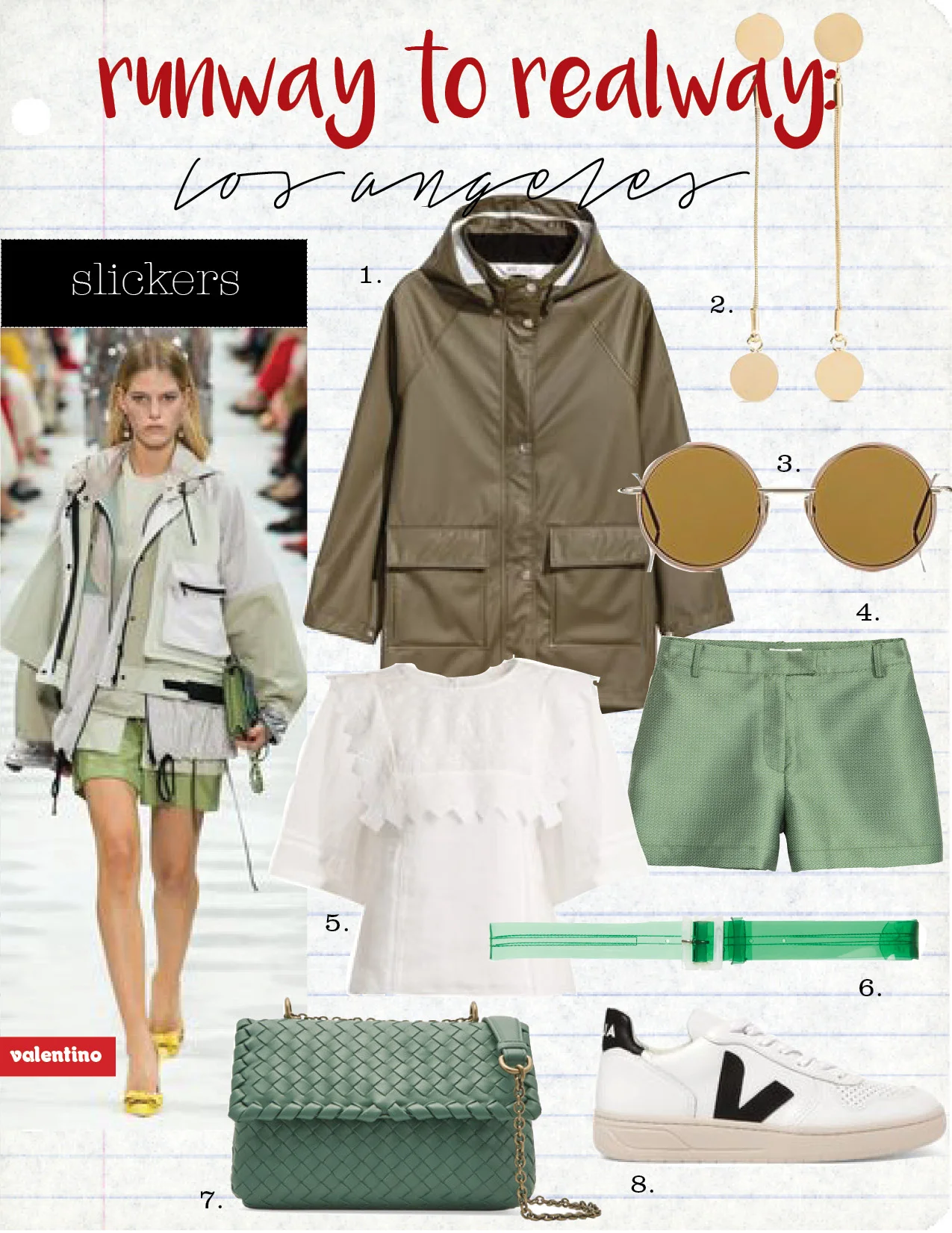 1. h&m raincoat, $39, hm.com 2. isabel marant gold plated earrings, $195, net-a-porter.com 3. acne studios scientist sunglasses, $370, barneys.com 4. h&m jacquard-patterned shorts, $29, hm.com 5. isabel marant nesto embroidered blouse, $595, matchesfashion.com 6. tibi transparent belt, $75, modaoperandi.com 7. bottega veneta olimpia baby intrecciato leather shoulder bag, $2300, net-a-porter.com 8. veja v-10 leather sneakers, $140, net-a-porter.com