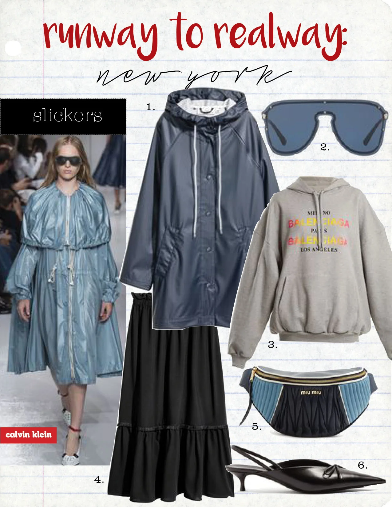 1. h&m raincoat, $39, hm.com 2. versace blue #frenergy visor sunglasses, $295, versace.com 3. balenciaga hoodie, $750, matchesfashion.com 4. h&m calf-length skirt, $34, hm.com 5. miu miu contrast letaher belt bag, $1490, matchesfashion.com 6. balenciaga knife pumps, $795, matchesfshion.com