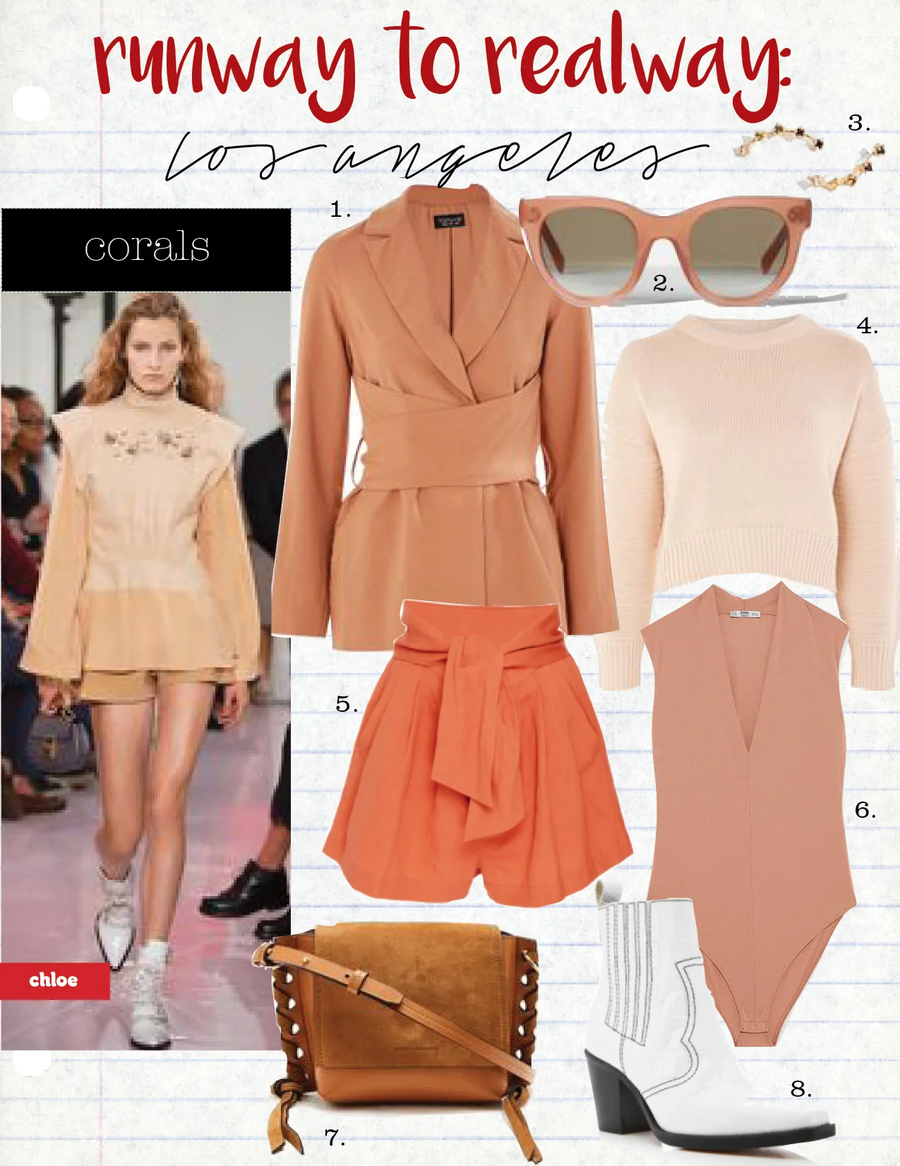 1. topshop wrap tie blazer, $110, us.topshop.com 2. celine cat eye sunglasses, $390, celine.com 3. madewell gemline creeper earrings, $28, madewell.com 4. topshop stitch detail jumper, $50, ustopshop.com 5. ulla johnson marthim belted high rise short, $255, modaoperandi.com 6. zara v-neck bodysuit, $25, zara.com 7. isabel marant kleny suede and leather cross-body bag, $548, matchesfashion.com 8. ganni callie leather boots, $475, modaoperandi.com
