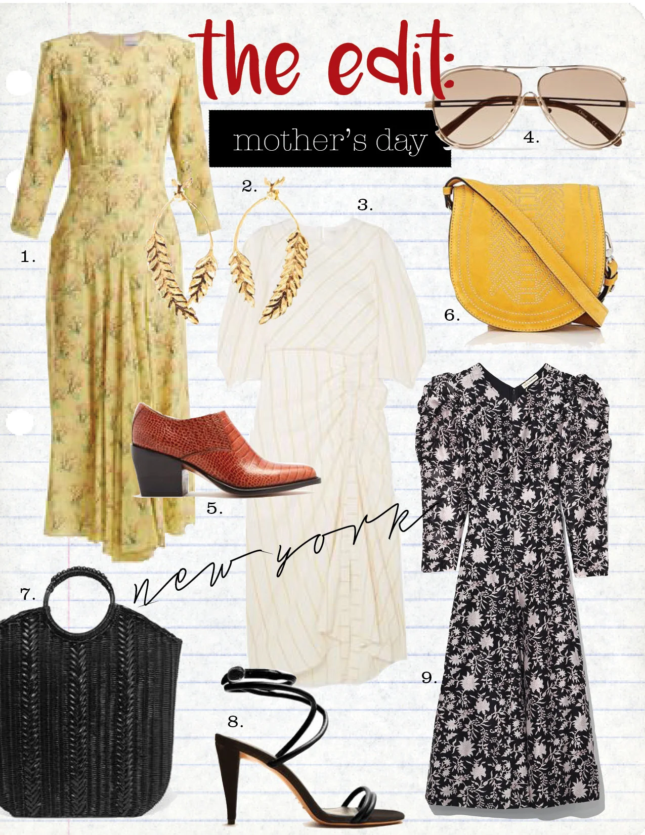 1. raey bracelet sleeve acid tree-print silk dress, $540, matchesfashion.com 2. aurelie bidermann wheat gold-plated earrings, $320, net-a-porter.com 3. maje ruched striped gauze midi dress, $570, net-a-porter.com 4. chloe isidora aviator-style gold-tone sunglasses, $400, net-a-porter.com 5. chloe rylee leather ankle boots, $880, matchesfashion.com 6. altuzarra ghianda small suede saddle bag, $1495, barneys.com 7. ulla johnson rona wicker tote, $390, net-a-porter.com 8. isabel marant abigua tie-ankle leather sandals, $695, matchesfashion.com 9. ulla johnson fontaine floral cotton-silk dress, $575, barneys.com
