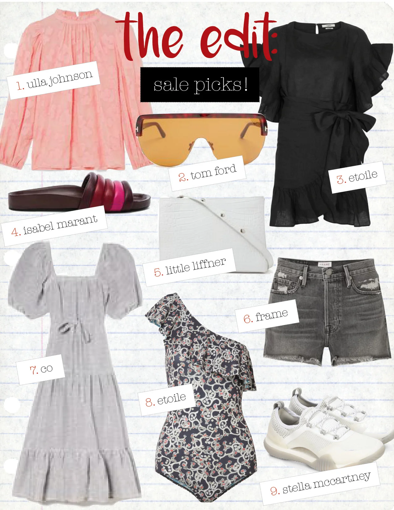 1. ulla Johnson sandrine silk and cotton-blend blouse, $234, net-a-porter.com 2. tom ford angus sheild sunglasses, $193, matchesfashion.com 3. isabel marant etoile black delicia dress, $360, ssense.com 4. isabel marant leather hellea slides, $276, fwrd.com 5. little liffner small croc shopper, $190, goop.com 6. frame le original distressed denim shorts, $143, net-a-porter.com 7. co square neckline linen dress, $278, goop.com 8. isabel marant etoile sicilya one-shoulder printed bodysuit, $125, net-a-porter.com 9. adidas by stella mccartney white pureboost x sneakers, $126, stellamccartney.com