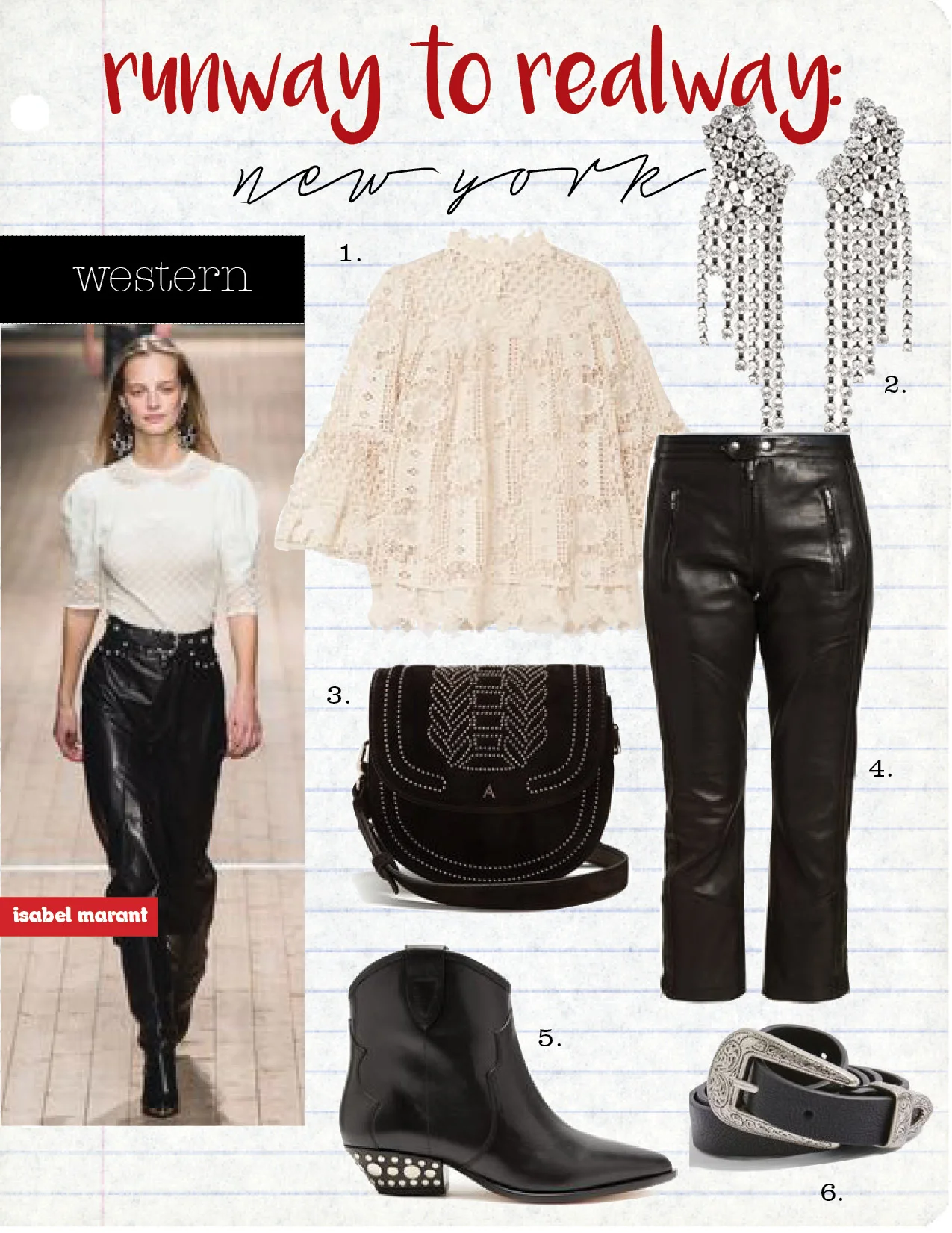 1. anna sui guipure lace top, $490, net-a-porter.com 2. isabel marant silver-tone crystal earrings, $520, net-a-porter.com 3. altuzarra ghianda mini stud-embellished suede bag, $1381, matchesfashion.com 4. isabel marant etoile aya cropped leather trousers, $1144, matchesfashion.com 5. isabel marant dawyna ankle boots, $780, isabelmarant.com 6. topshop slim double buckle belt, $38, topshop.com