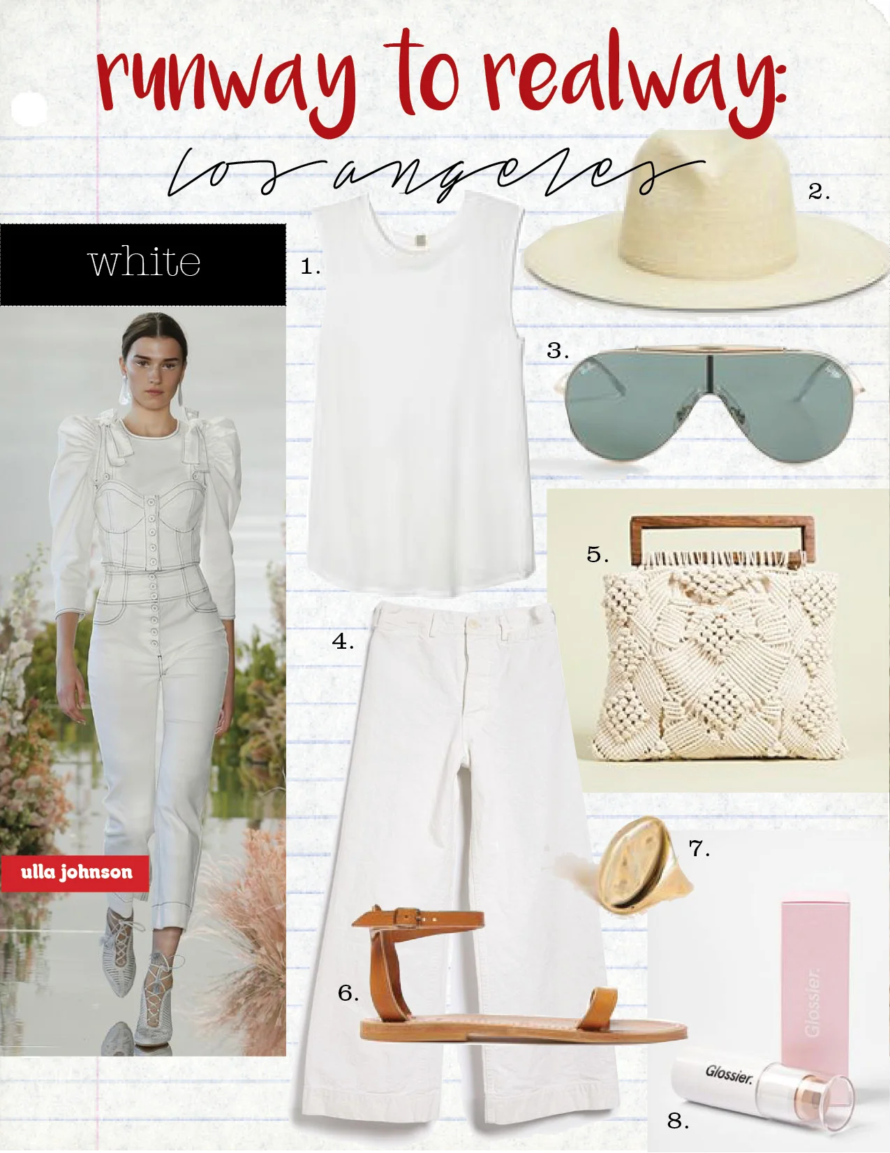 1. lunya pima muscle tee, $62, goop.com 2. jenni kayne braid hat, $225, jennikayne.com 3. ray-ban oversized shield sunglasses, $173, shopbop.com 4. jesse kamm sailor pants, $395, jessekammworld.com 5. cleobella tilda clutch, $168, shopbop.com 6. k.jacques laura leather sandals, $248, matchesfashion.com 7. kelci potter compass pinky ring, $1280, generalstore.com 8. glossier face highlighter, $22, glossier.com
