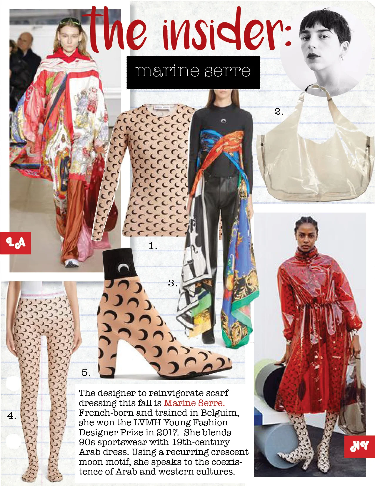 1. marine serre moon-print jersey top, $233, matchesfashion.com 2. marine serre "manic soul machine" tote bag, $410, barneys.com 3. marine serre silk-scarf-overlay knit top, $950, barneys.com 4. marine serre l'oeil leggings, $379, nordstrom.com 5. marine serre moon print sock boot, $628, nordstrom.com