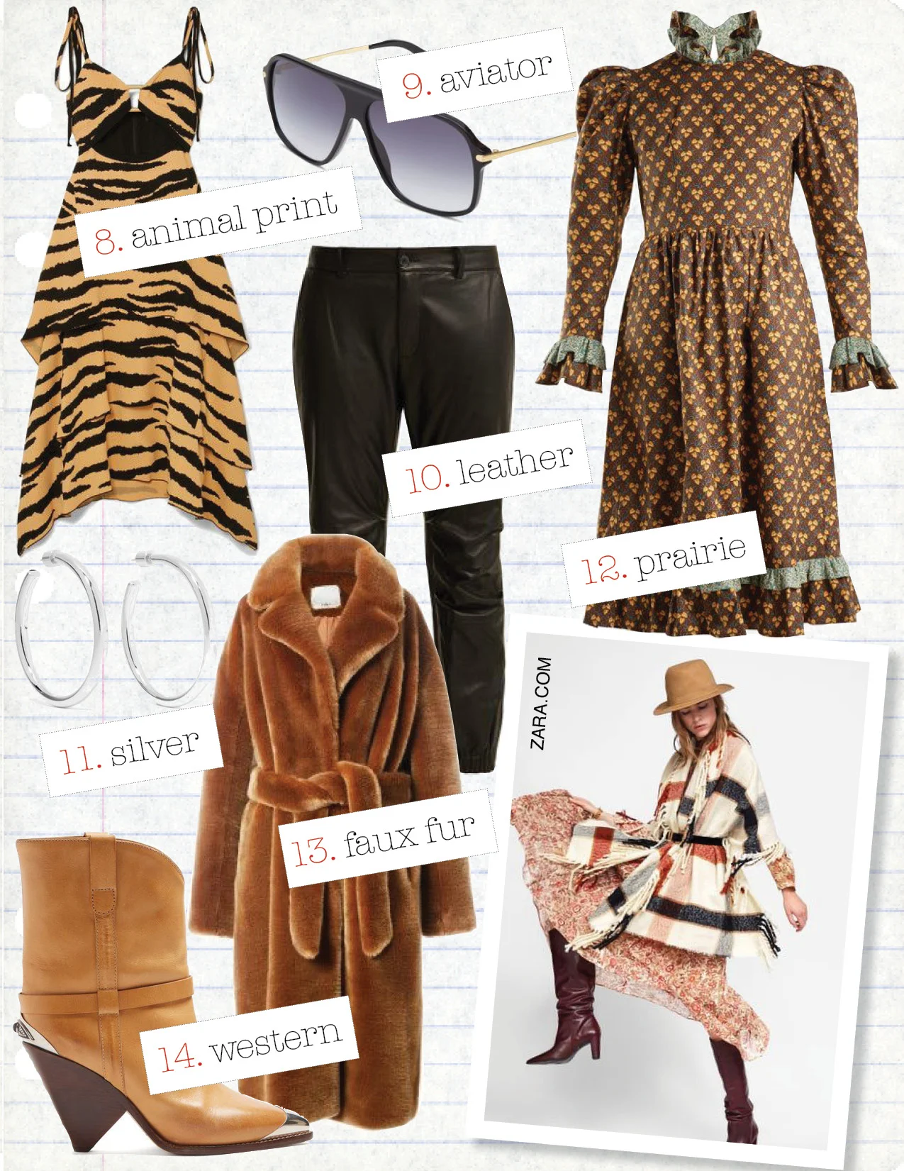 8. proenza schouler tiered tiger-print crepe maxi dress, $2495, net-a-porter.com 9. victoria beckham fine square sun black, $345, victoriabeckham.com 10. nili lotan cropped leather trousers, $2217, matchesfashion.com 11. jennifer fisher baby lilly silver-plated hoop earrings, $350, net-a-porter.com 12. batsheva floral-print cotton prairie dress, $511, matchesfashion.com 13. tibi luxe faux fur oversized coat, $695, tibi.com 14. isabel marant leather lamsy boots, $1350, fwrd.com
