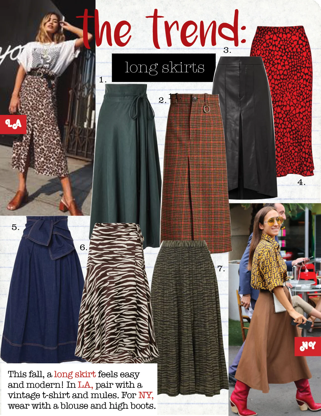 1. apiece apart rosehip tencel and linen-blend wrap skirt, $355, net-a-porter.com 2. balenciaga wool herringbone checked skirt, $1290, net-a-porter.com 3. isabel marant nehora pleated leather midi skirt, $2490, net-a-porter.com 4. realisation the naomi - sid skirt, $180, realisationpar.com 5. ulla johnson virgil belted denim midi skirt, $345, net-a-porter.com 6. ganni blakely zebra-print stretch-silk satin skirt, $520, net-a-porter.com 7. proenza schouler pleated jacquard-knit midi skirt, $895, net-a-porter.com
