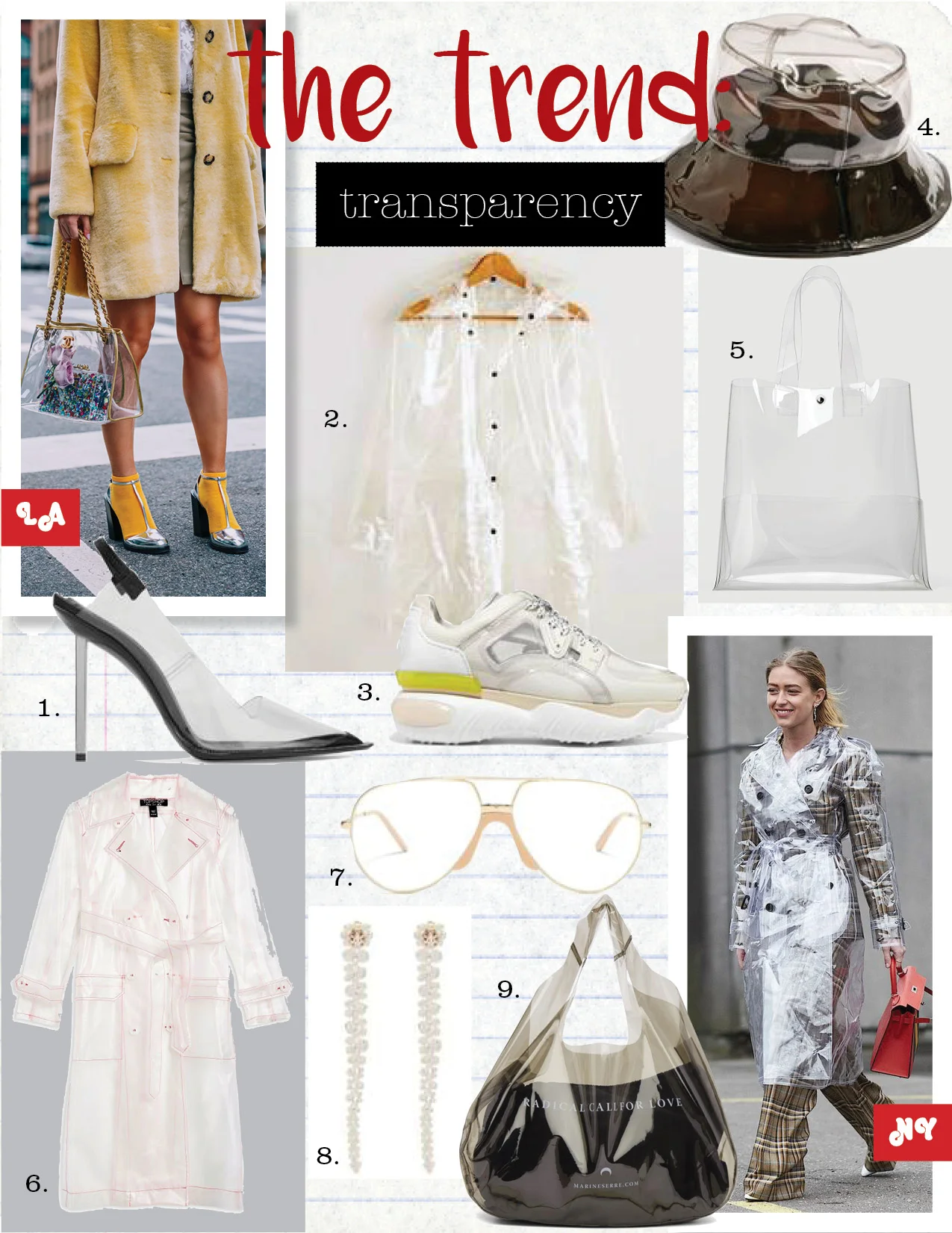 1. alexander wang marlow pvc leather slingback pumps, $1295, net-a-porter.com 2. mango vinyl trench, $99, mango.com 3. fendi pvc, mesh and textured leather sneakers, $890, net-a-porter.com 4. topshop pvc bucket hat, $40, topshop.com 5. zara vinyl shopper, $59, zara.com 6. topshop vinyl mac trench coat, $100, topshop.com 7. gucci aviator metal glasses, $369, matchesfashion.com 8. simone rocha transparent short drip earrings, $265, ssense.com 9. marine serre logo-print pvc bag, $379, matchesfashion.com