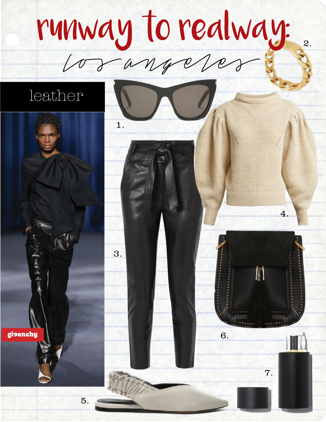 1. saint laurent kate cat-eye sunglasses, $405, matchesfashion.com 2. anine bing chain ring, $699, aninebing.com 3. veronica beard faxon belted leather slim-leg pants, $995, net-a-porter.com 4. isabel marant brettany puff-sleeve sweater, $740, matchesfashion.com 5. isabel marant leather linta flats, $600, fwrd.com 6. isabel marant kansy bag, $1165, isabelmarant.com 7. westman atelier lit up highlight stick, $48, violetgrey.com