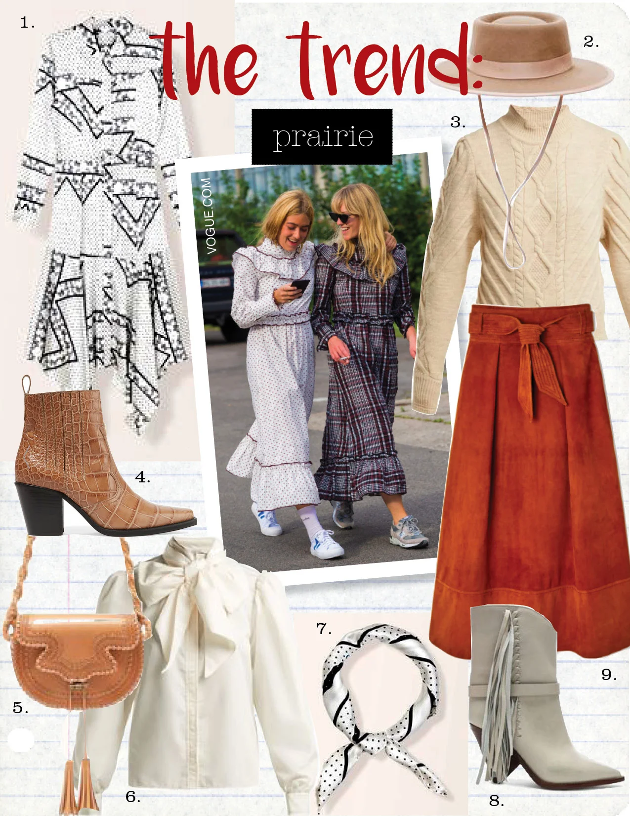 1. GANNI SILK STRETCH SATIN SHIRT DRESS, $575, GANNI.COM 2. ULLA JOHNSON O’KEEFFE HAT, $375, ULLAJOHNSON.COM 3. ISABEL MARANT BRANTLY ARAN-KNIT SWEATER, $925, MATCHESFASHION.COM 4. GANNI CALLIE CROC-EFFECT LEATHER ANKLE BOOTS, $475, NET-A-PORTER.COM 5. ULLA JOHNSON RHITA STUDDED LEATHER BAG, $925, NET-A-PORTER.COM 6. GANNI COMSTOCK PUSSY BOW SHIRT, $205, MATCHESFASHION.COM 7. GANNI PRINTED SILK SCARF, $70, GANNI.COM 8. ISABEL MARANT LEATHER LOFFEN BOOTS, $1350, FWRD.COM 9. MARTIN GRANT SUEDE BELTED A-LINE SKIRT, $5255, BARNEYS.COM