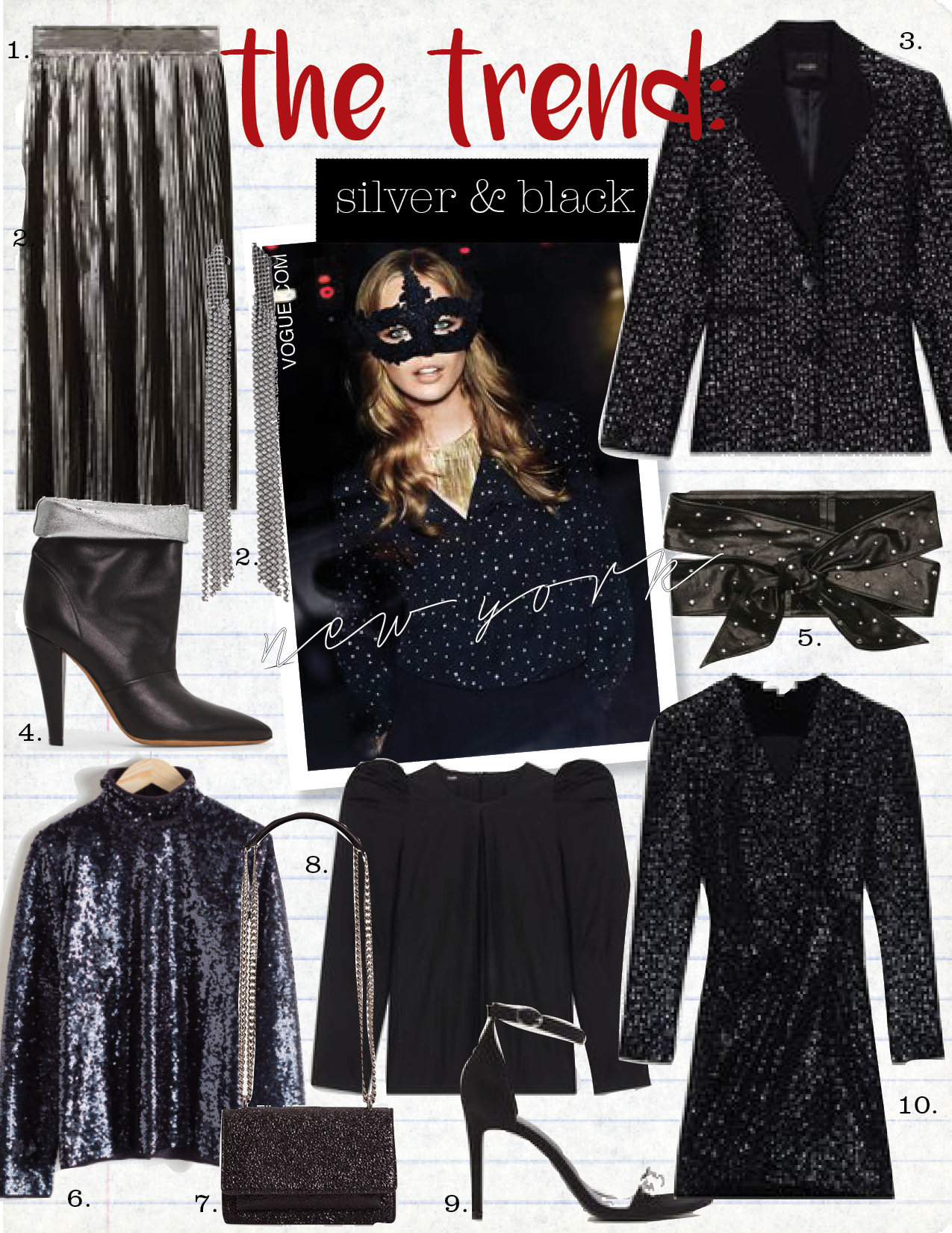 1. ba&sh palace skirt, $275, ba-sh.com 2. and other stories hanging rhinestone fringe earrings, $29, stories.com 3. maje vingo tuxedo jacket with sequins, $392, maje.com 4. iro avina boot, $278, iroparis.com 5. iro studs belt, $395, fwrd.com 6. and other stories seqiun top, $89, stories.com 7. iro venicemm bag, $206, iroparis.com 8. maje luko taffeta top, $157, maje.com 9. mango crystal strap sandals, $79, mango.com 10. maje rivy wrap dress, $360, maje.com