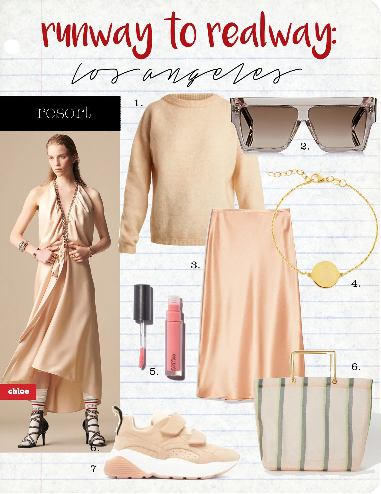 1. acne studios mohair-blend sweater, $340, matchesfashion.com 2. celine rectangular sunglasses, $500, barneys.com 3. topshop split side satin midi skirt, $55, us.topshop.com 4. Sarah Chloe cara initial bracelet, $98, goop.com 5. mac lipglass, $17, violetgrey.com 6. h&m mesh shopper, $34, hm.com 7. stella maccartney eclypse trainers, $685, matchesfashion.com