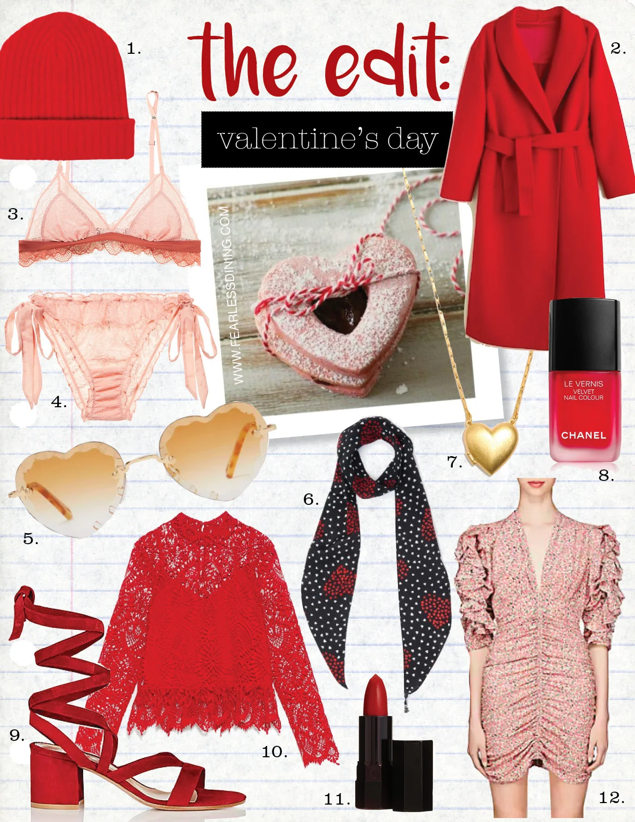 1. the elder statesman elder cap, $375, modaoperandi.com 2. mango wool overcoat, $159, mango.com 3. love stories love lacey satin-trimmed bra, $74, net-a-porter.com 4. love stories lolita satin-trimmed stretch-lace briefs, $48, net-a-porter.com 5. chloe rosie heart-shaped sunglasses, $375, matchesfashion.com 6. the kooples silk scarf with heart bouquet print, $128, thekooples.com 7. madewell heirloom heart locket necklace, $29, madewell.com 8. chanel le vernis longwear nail color, $28, barneys.com 9. gianvito rossi janis low sandals, $795, barneys.com 10. zara lace top, $39, zara.com 11. Serge Lutens beaute fard a levres lipstick, $75, barneys.com 12. Isabel Marant andor floral ruched-seam mini dress, $1255, neimanmarcus.com