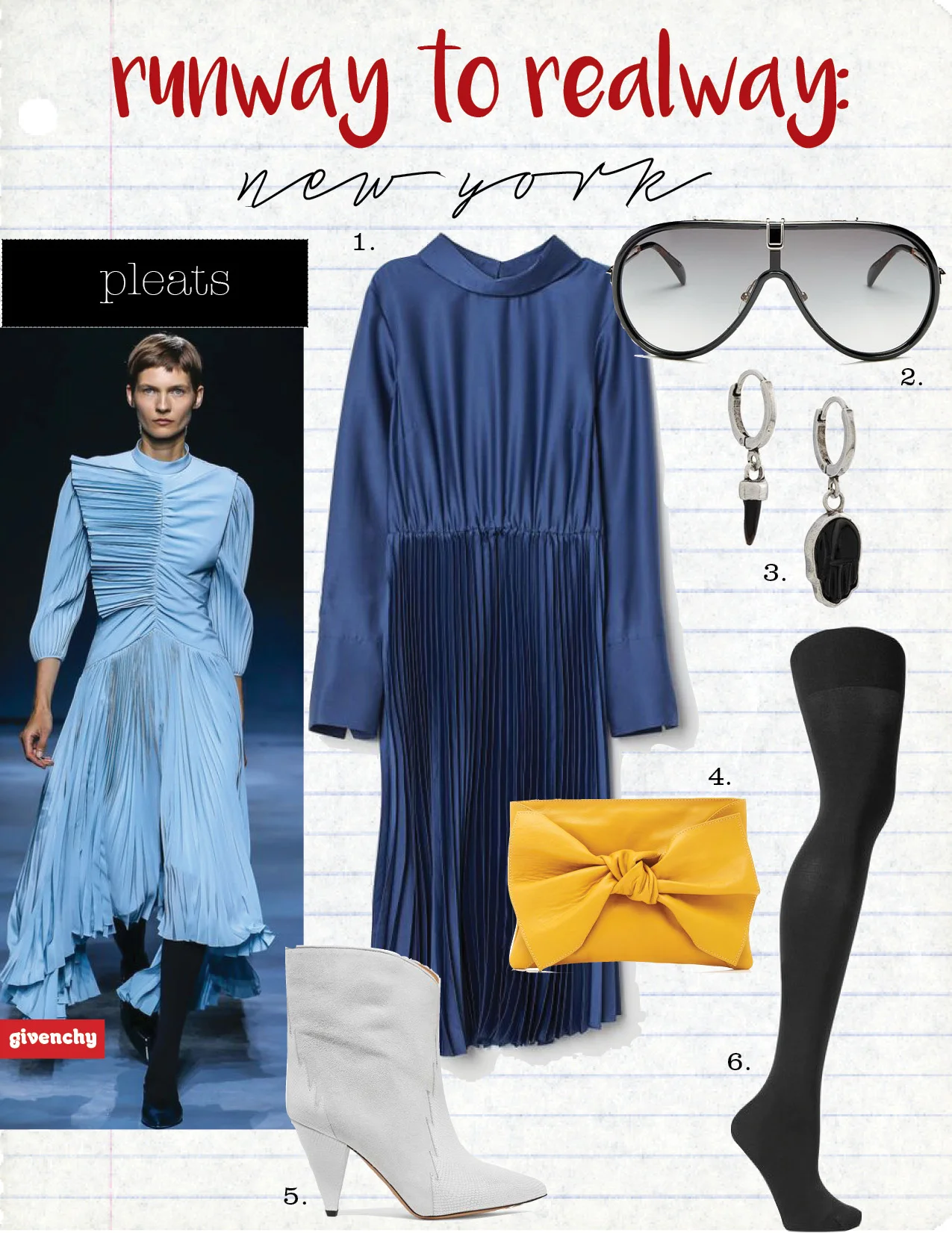 1. h&m pleated dress, $59, hm.com 2. givenchy shield sunglasses, $450, bloomingdales.com 3. Isabel Marant buffalo horn pendant earrings, $67, farfetch.com 4. Ulla Johnson tali clutch, $297, shopbop.com 5. Isabel Marant leider suede and leather ankle boots, $1025, net-a-porter.com 6. spanx luxe tights, $38, net-a-porter.com