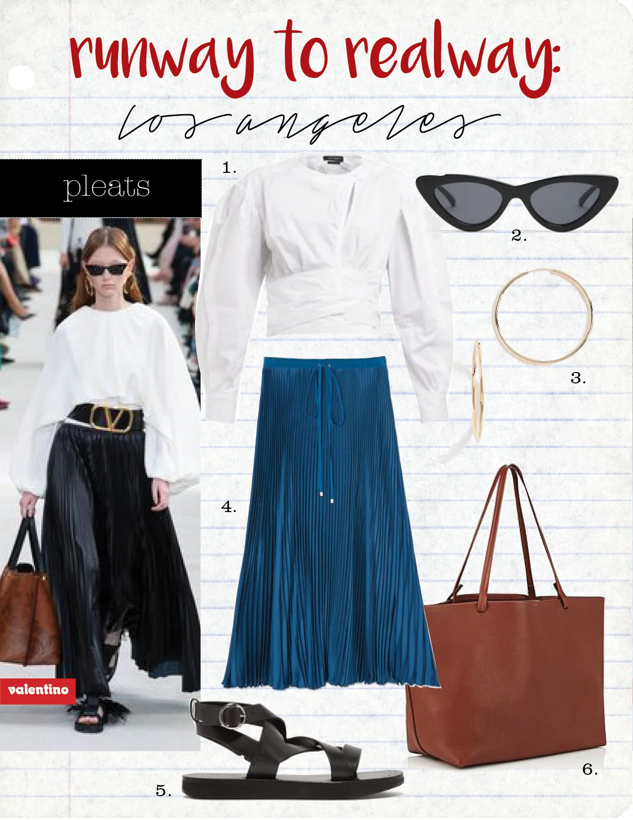 1. Isabel Marant cut-out cotton top, $515, matchesfashion.com 2. le specs the last lolita cat-eye sunglasses, $80, matchesfashion.com 3. shashi samantha small hoop earrings, $46, shopbop.com 4. tibi mendini twill pleated skirt, $595, goop.com 5. Isabel Marant noelly leather sandals, $680, matchesfashion.com 6. the row park leather tote bag, $1790, barneys.com