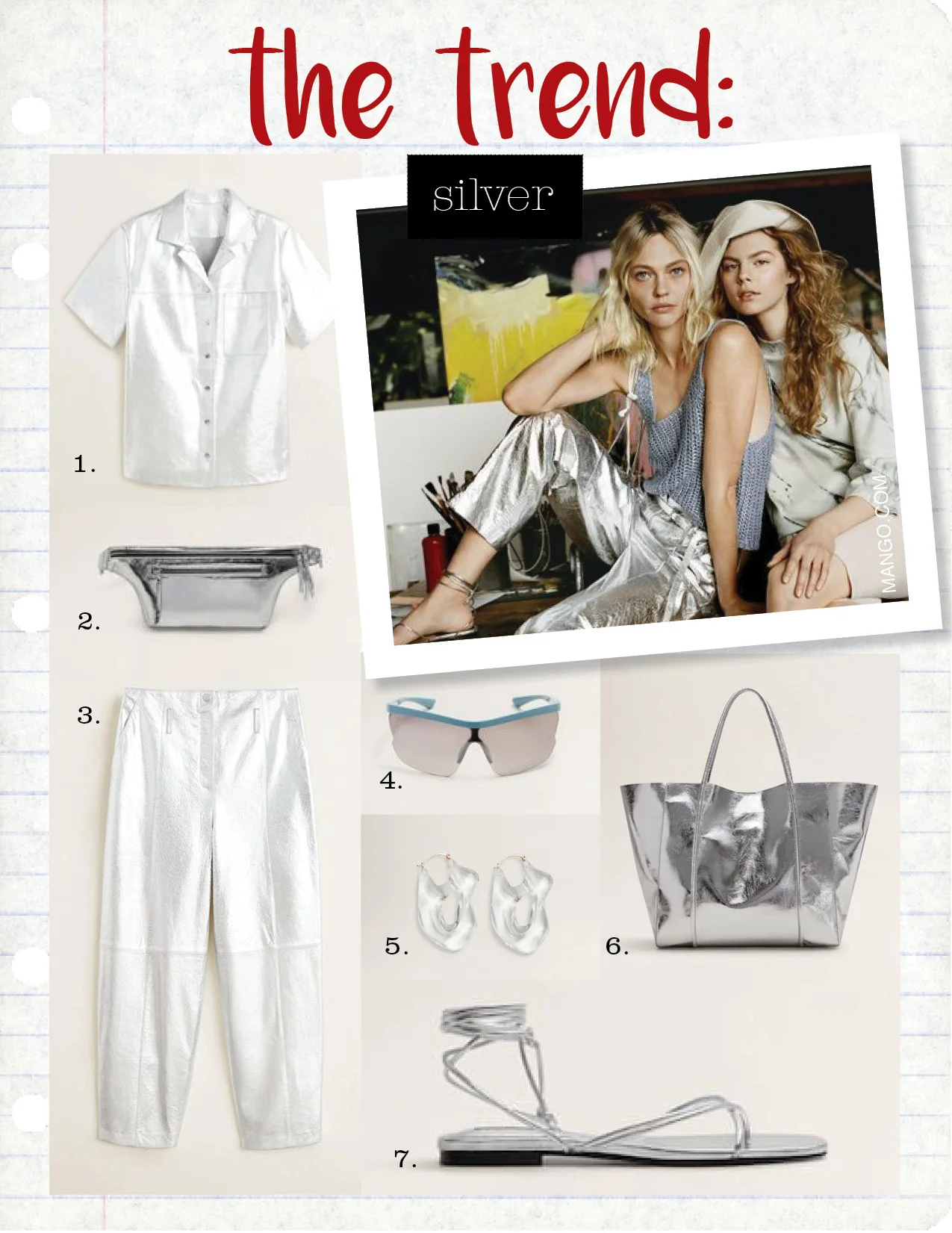 1. mango metallic leather top, $299, shop.mango.com 2. mango metallic belt bag, $49, shop.mango.com 3. mango metallic leather trousers, $299, shop.mango.com 4. mango cyclist sunglasses, $39, shop.mango.com 5. mango transparent earrings, $29, shop.mango.com 6. mango metallic-effect shopper bag, $69, shop.mango.com 7. mango criss-cross straps sandals, $59, shop.mango.com