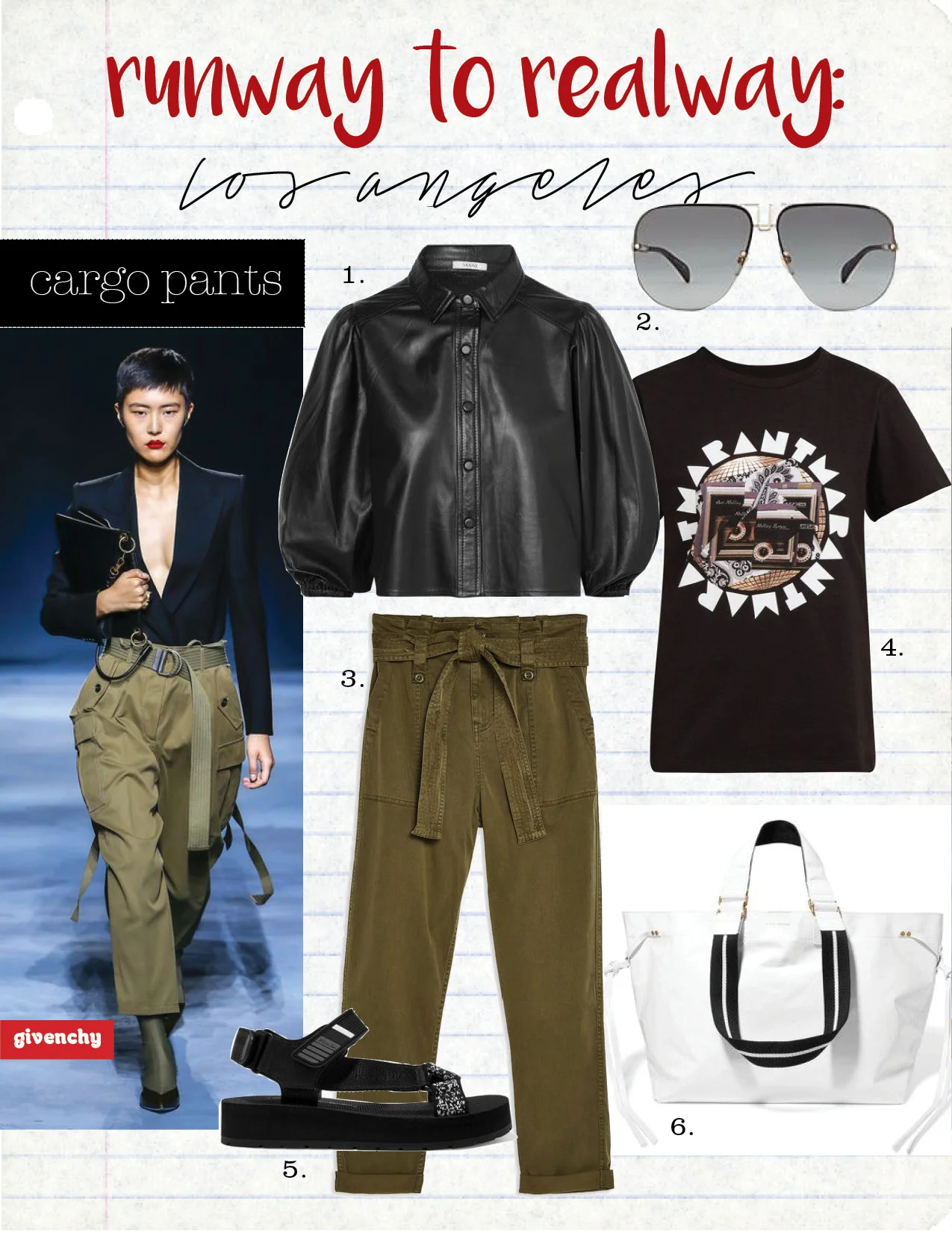 1. ganni leather shirt, $475, saksfifthavenue.com 2. givenchy sunglasses, $410, barneys.com 3. topshop cargo trousers, $75, topshop.com 4. Isabel Marant zaof cotton-jersey t-shirt, $130, matchesfashion.com 5. prada rubber-trimmed leather and canvas sandal, $590, net-a-porter.com 6. Isabel Marant wardy tote, $870, net-a-porter.com