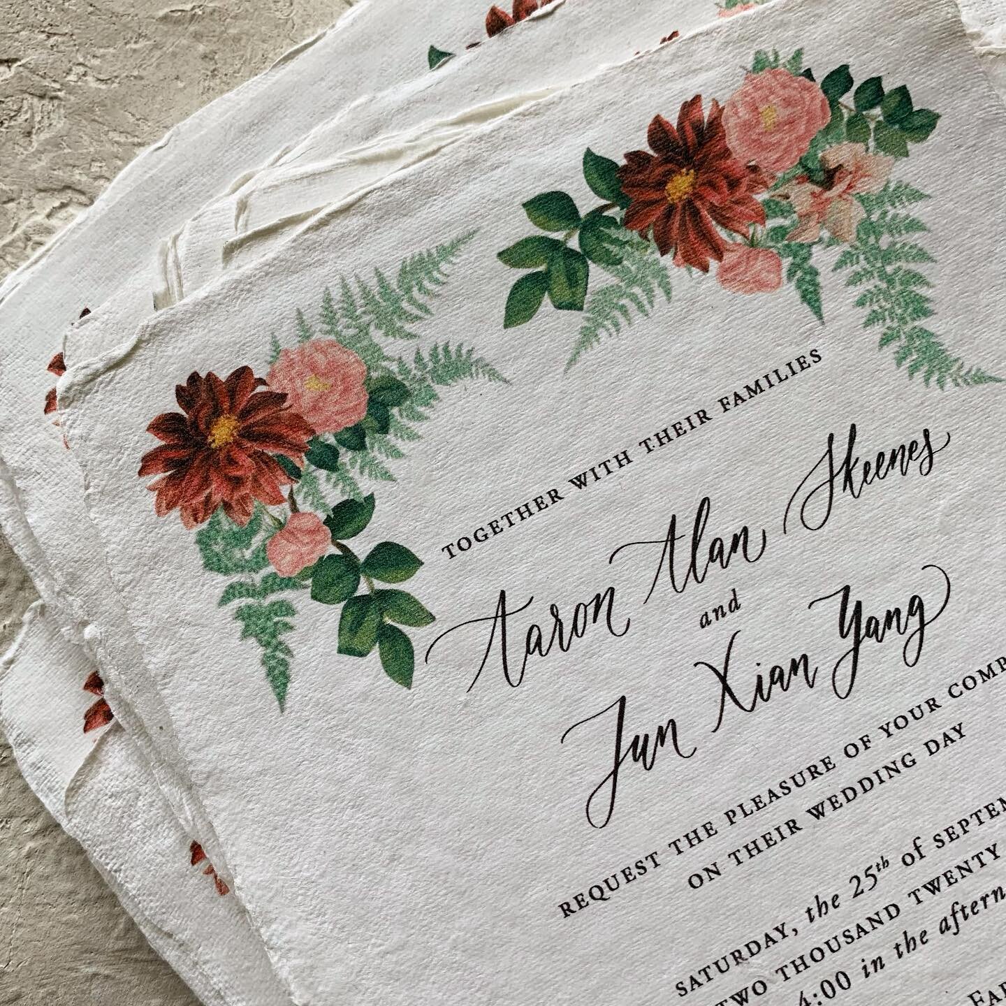 vintage florals on handmade paper 🌹 for a farm wedding in New Jersey #weddingpaper #weddinginvitations #weddinginvitationsuite #handmadepaper #handmadepapergoods #decklededge #decklededgepaper #weddingcalligraphy #weddingcalligrapher #farmwedding