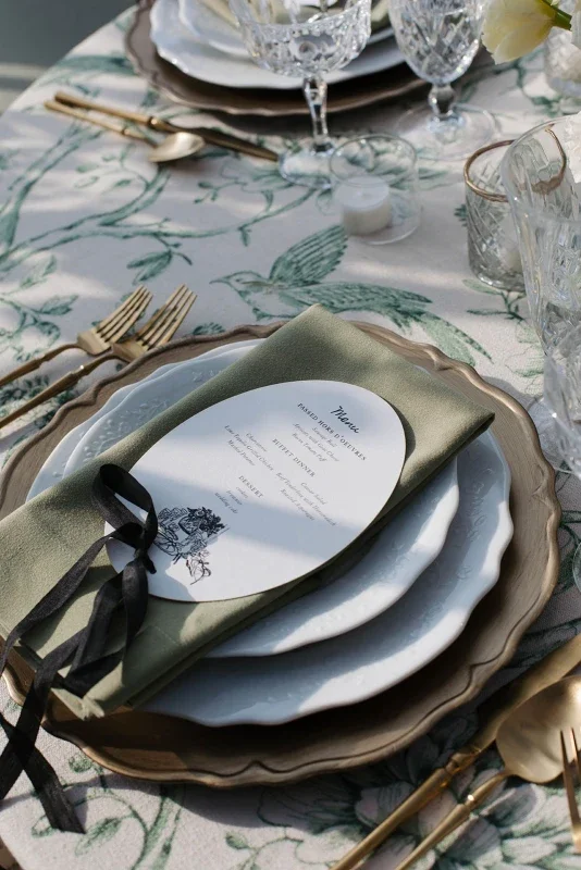  Custom wedding design featuring invitation suite, silk ribbon menus, and personalized dance floor at Blackberry Ridge venue 