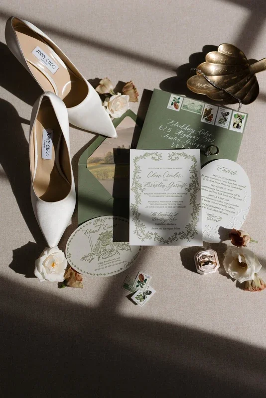 Luxury wedding invitation suite with silk ribbon menu and custom paper goods designed for Blackberry Ridge Conservatory wedding