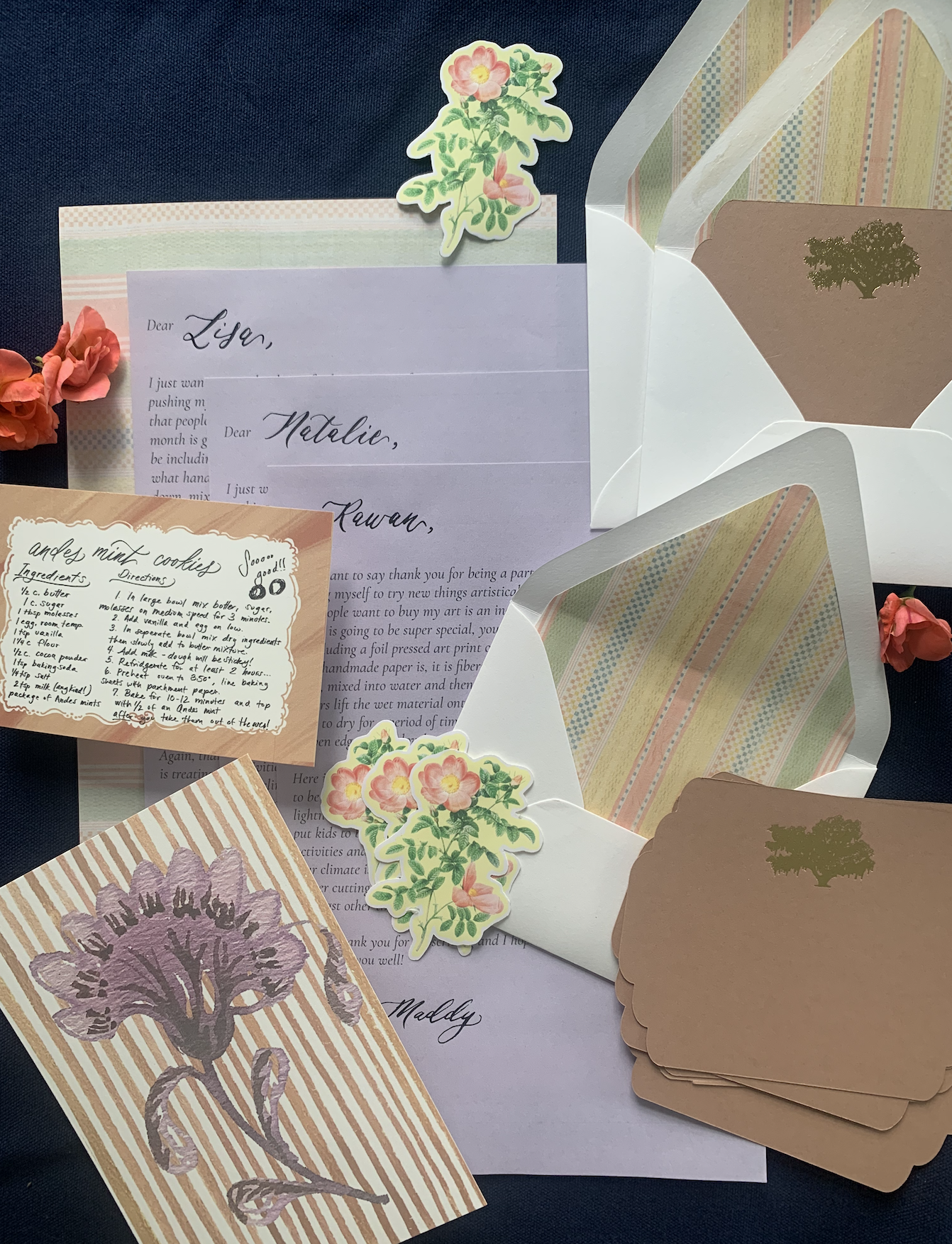 fine art mail club featuring a foil pressed notecard set, die cut sticker, mini art print and recipe card