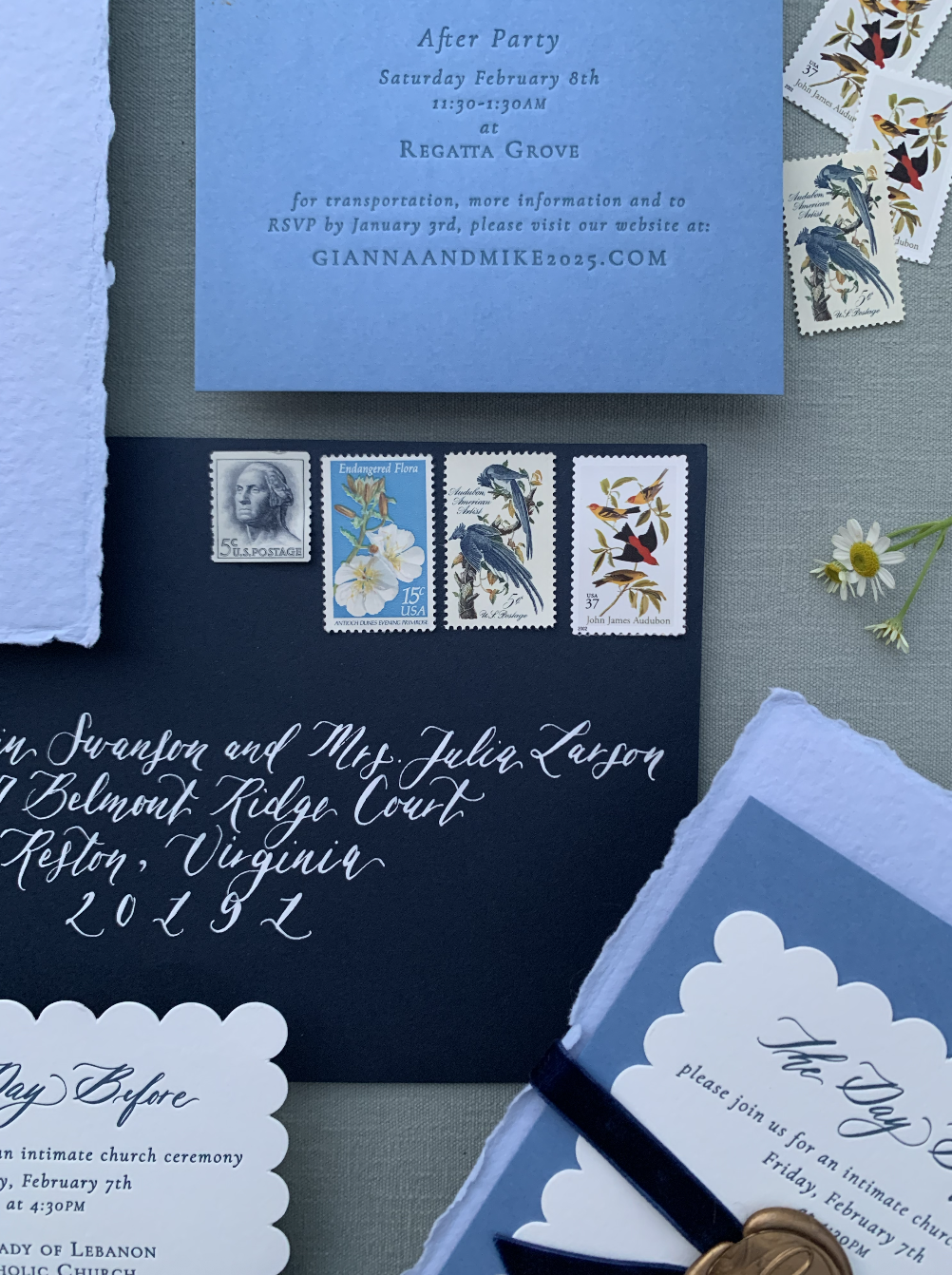 blue wedding invitations with letterpress and scallop edge details card