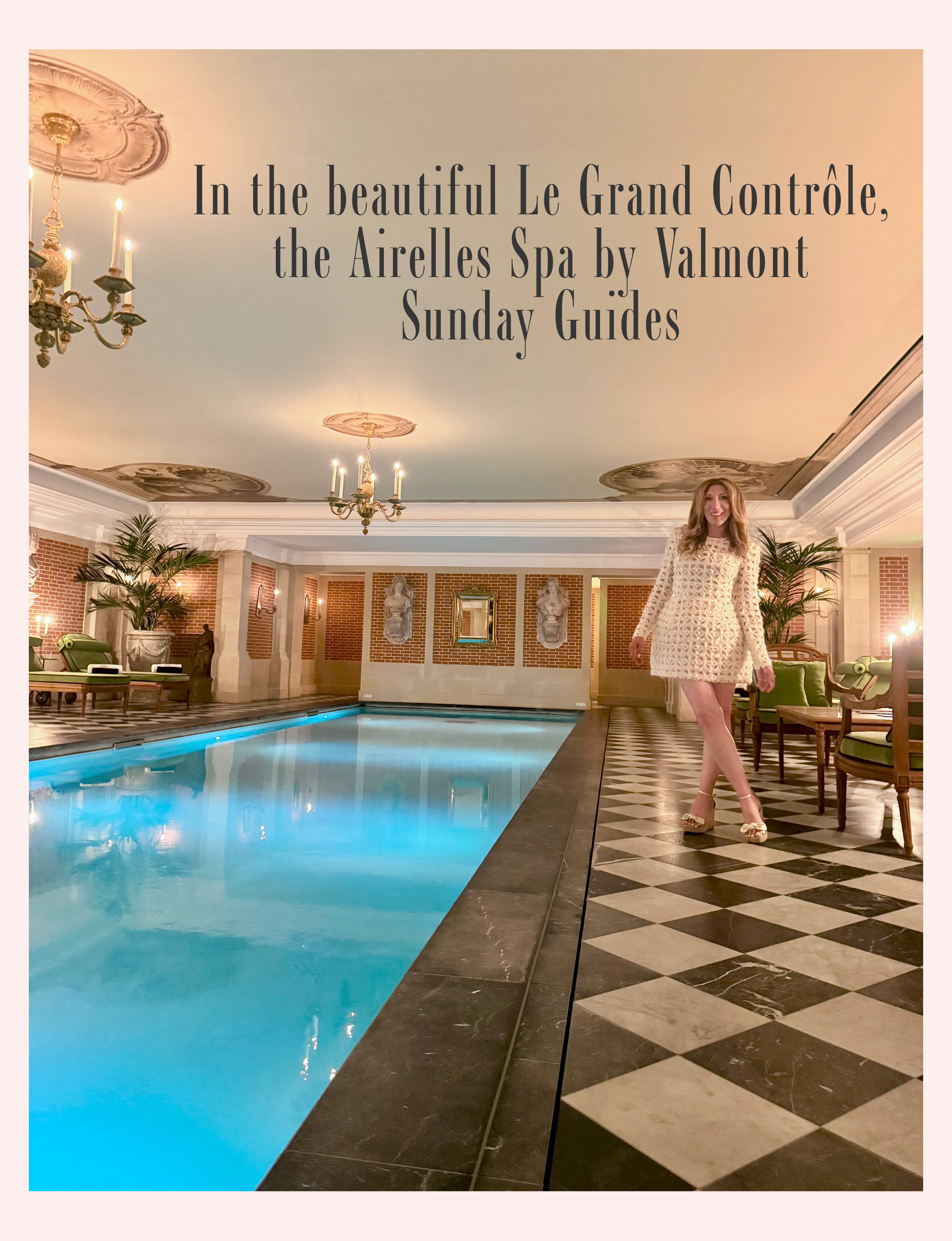 indoor swimming pool at the Airelles Spa by Valmont inside Le Grand Contrôle hotel at the Château de Versailles in France.