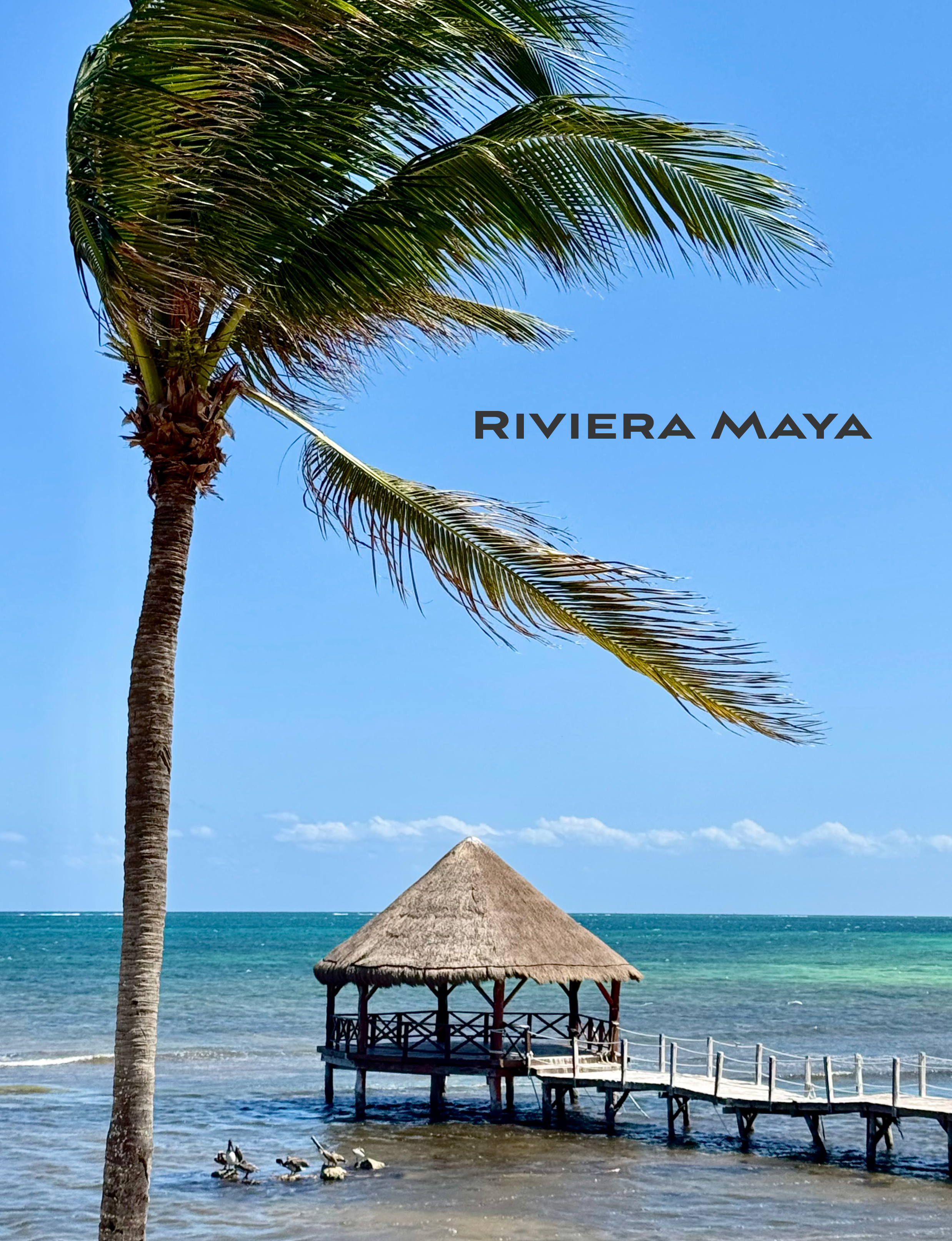 thatched-roof gazebo and wooden pier stretching into the turquoise waters of the Riviera Maya coastline in Mexico