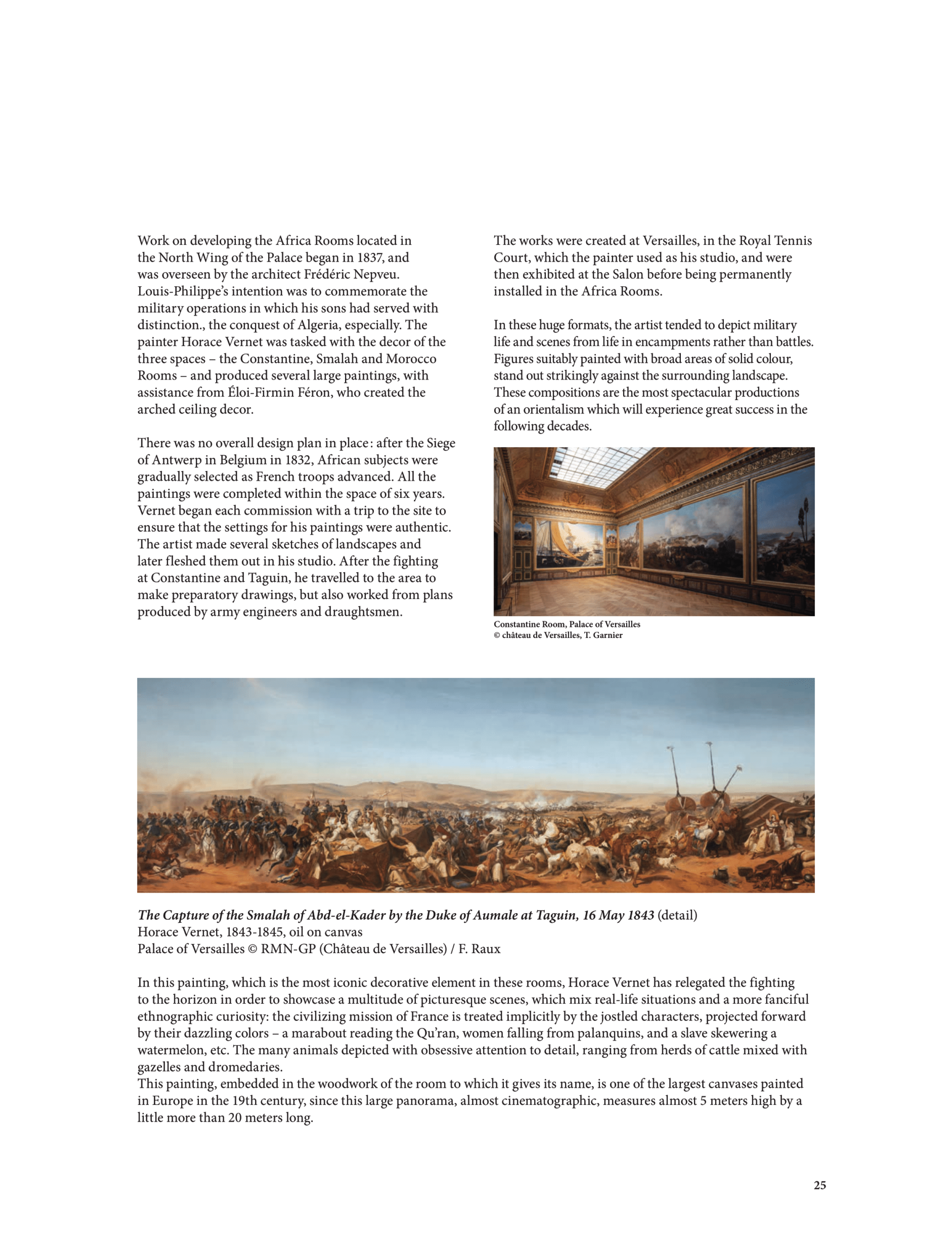 the Africa Rooms (specifically the Constantine Room and Salle de la Smalah) in the North Wing of the Palace of Versailles, featuring massive historical battle and campaign panoramas painted by Horace Vernet between 1843 and 1845