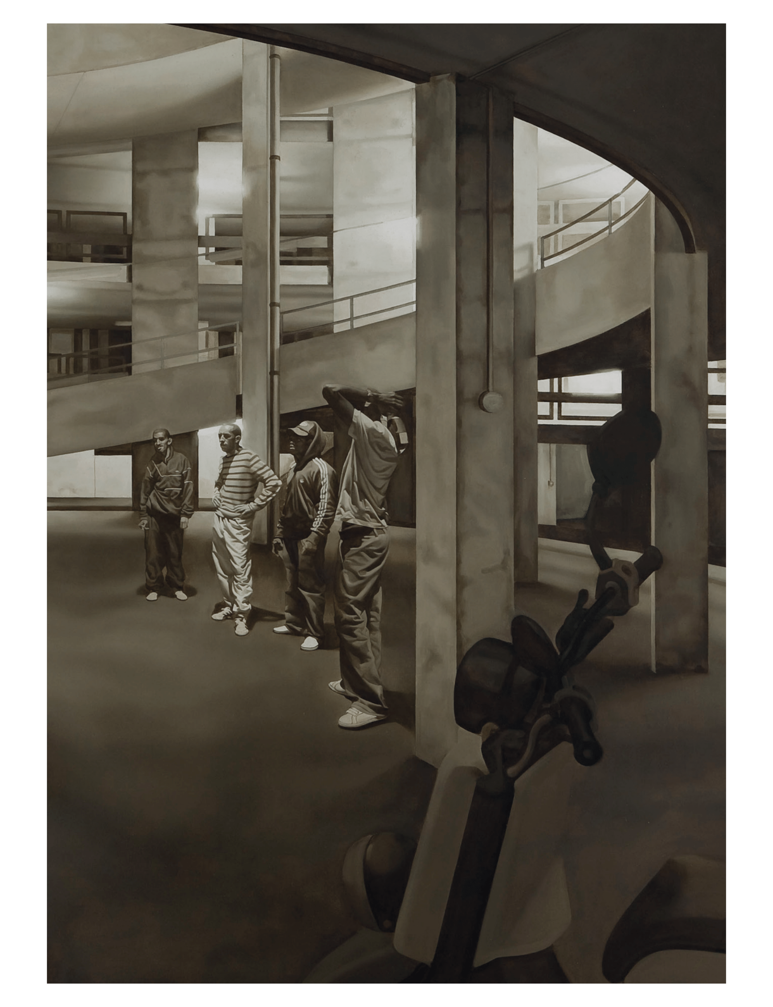 This contemporary figurative painting by Guillaume Bresson (born 1982) showcases his signature style of staging modern urban youths in dramatic, theatrical chiaroscuro that mimics classical historical compositions