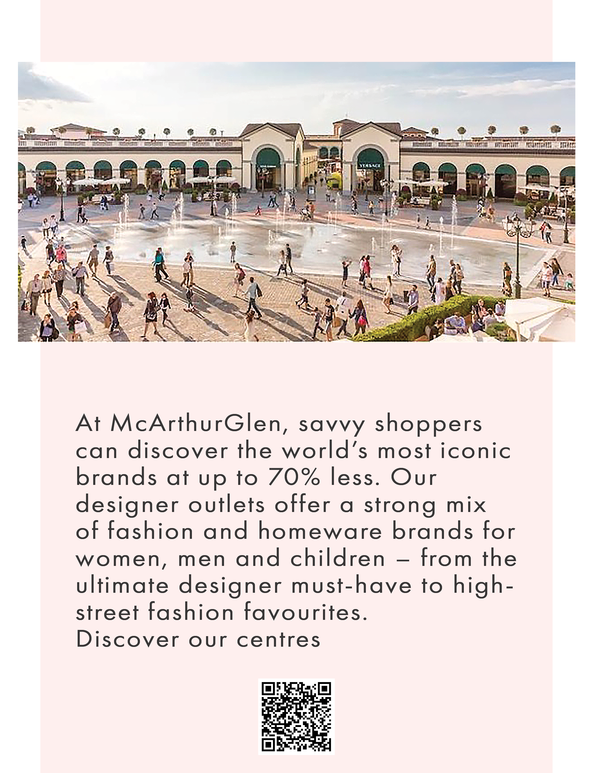 the bustling central piazza and fountains of the Serravalle Designer Outlet in Serravalle Scrivia, Italy, operated by McArthurGlen