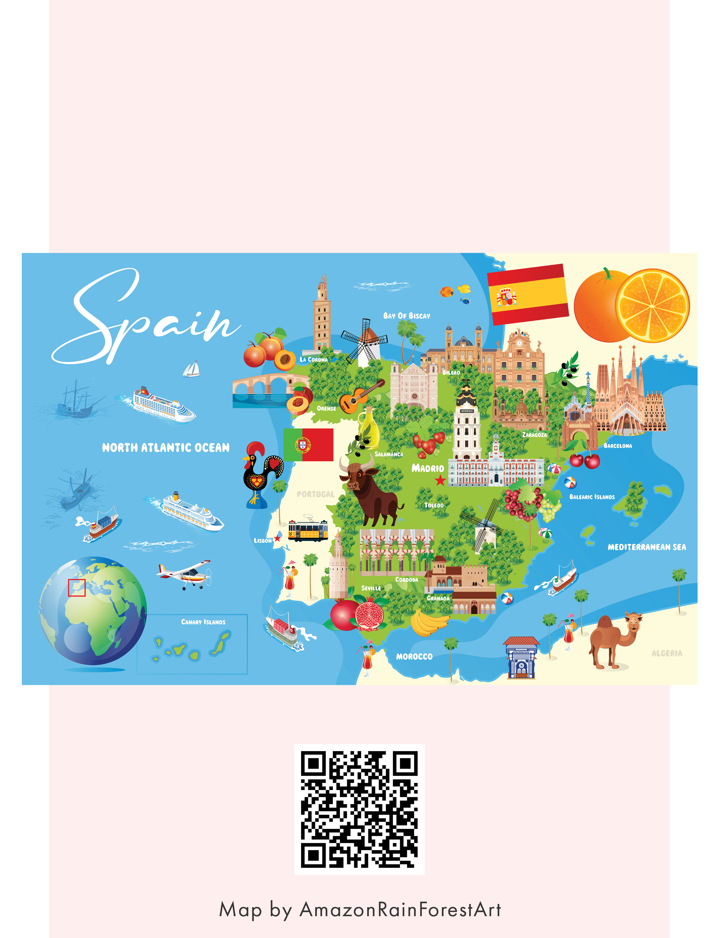Map of Spain by Etsy artist AmazonRainForestArt
