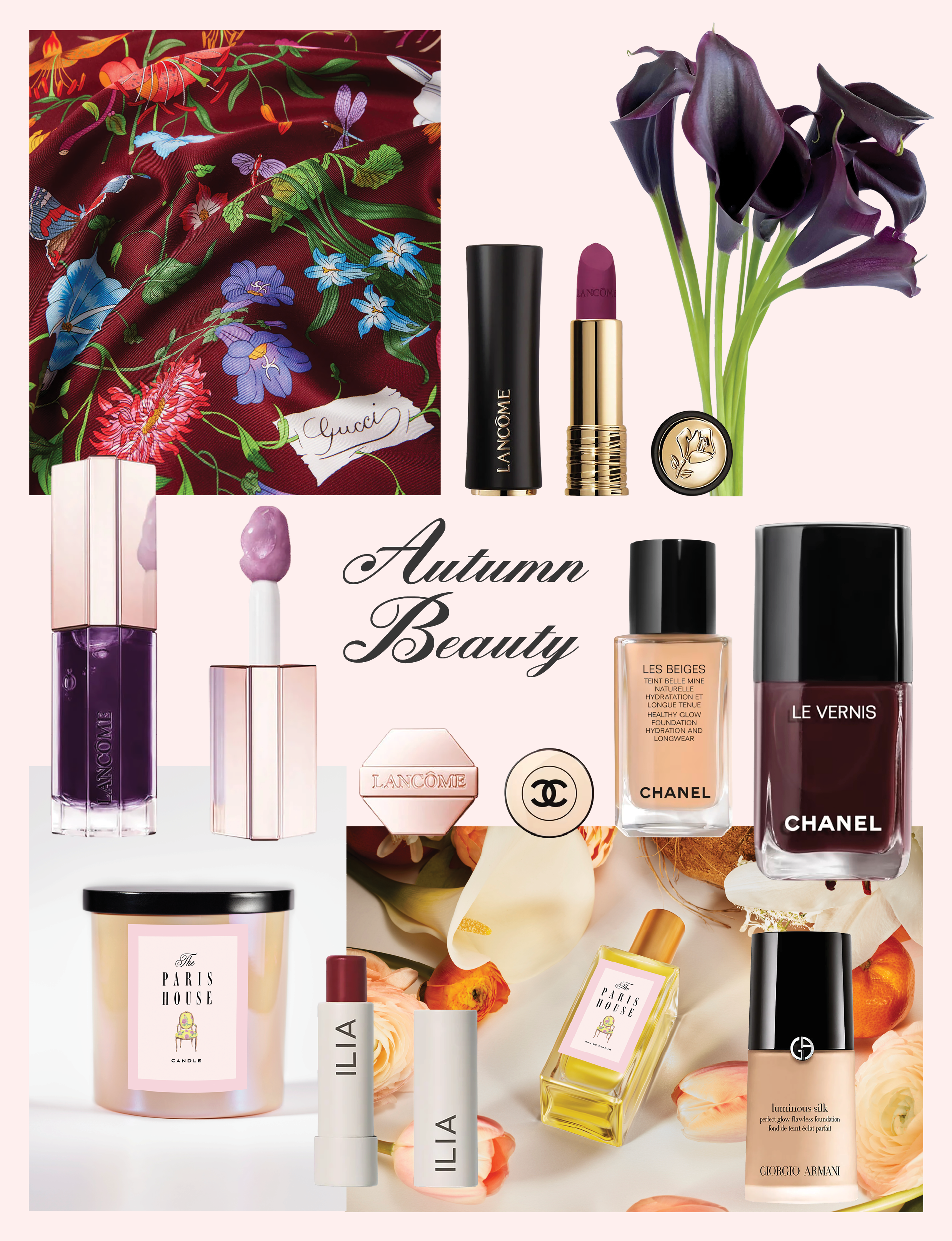 Autumn Beauty collage of fall fabrics, lipstick, flowers, nail polish, candles, perfume