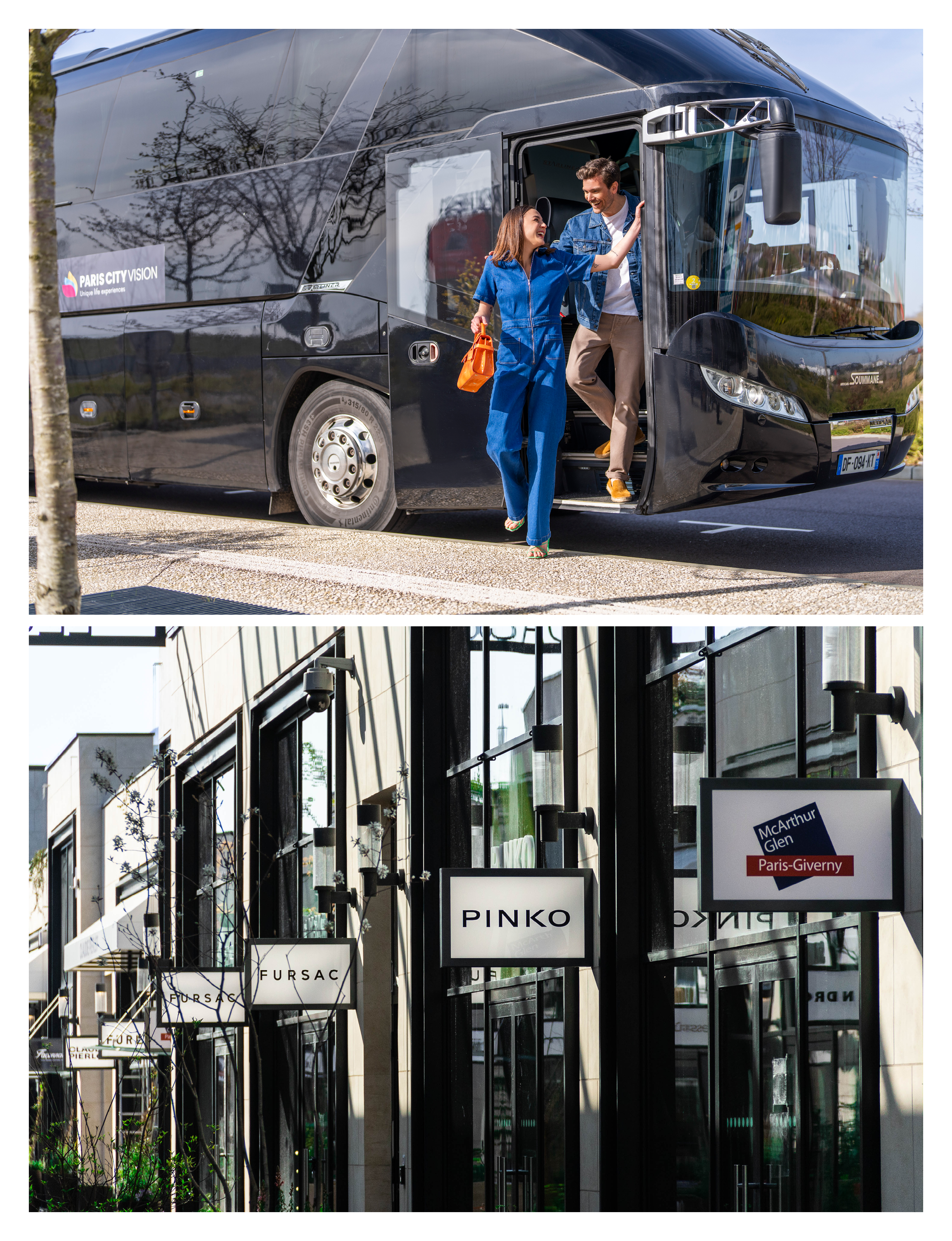a promotional scene for the McArthurGlen Paris-Giverny Designer Outlet featuring a PARISCityVISION luxury shuttle bus and storefronts at the outlet village
